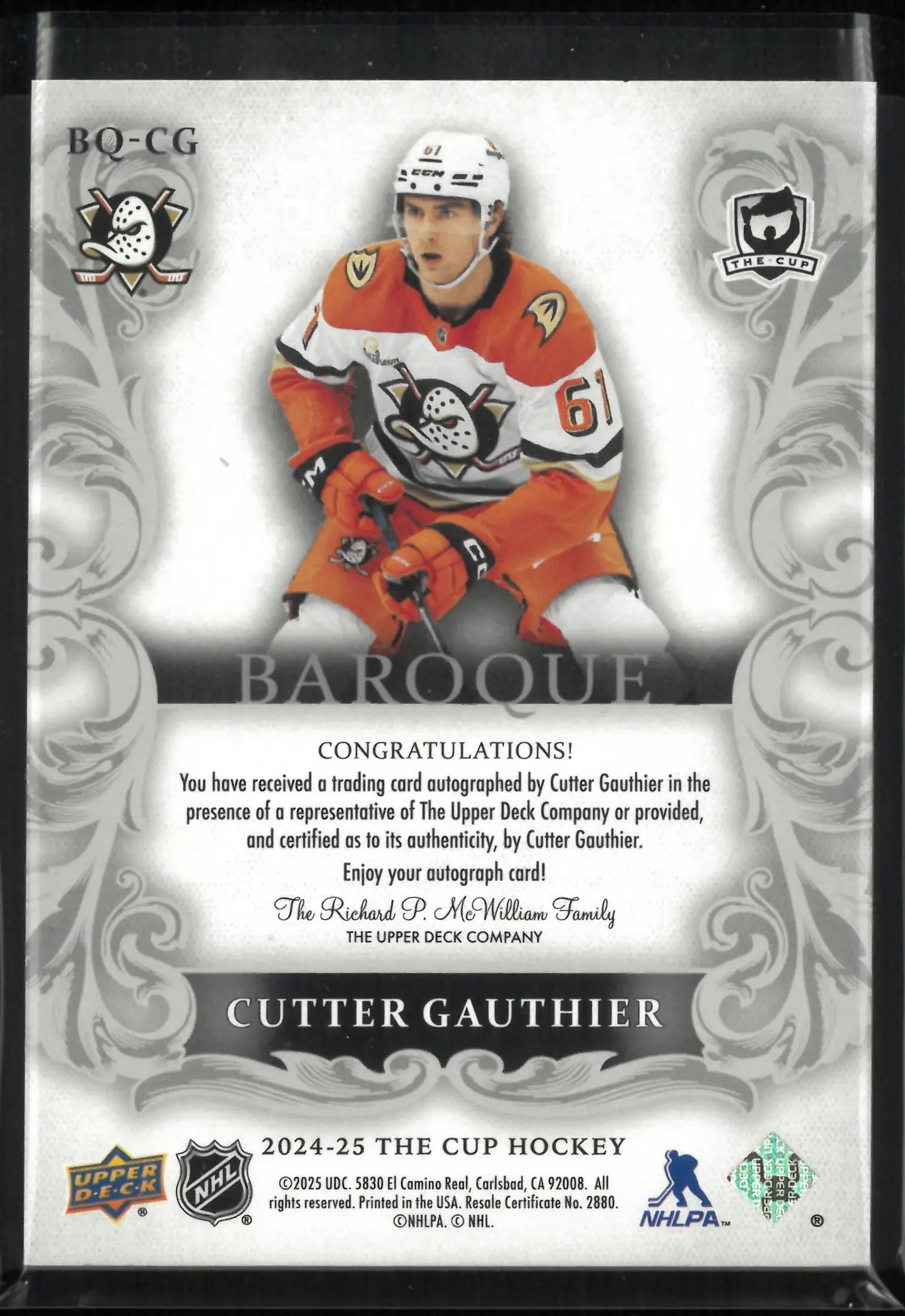 2024-25 Upper Deck The Cup Baroque Rookie Autograph Cutter Gauthier Auto RC /99 