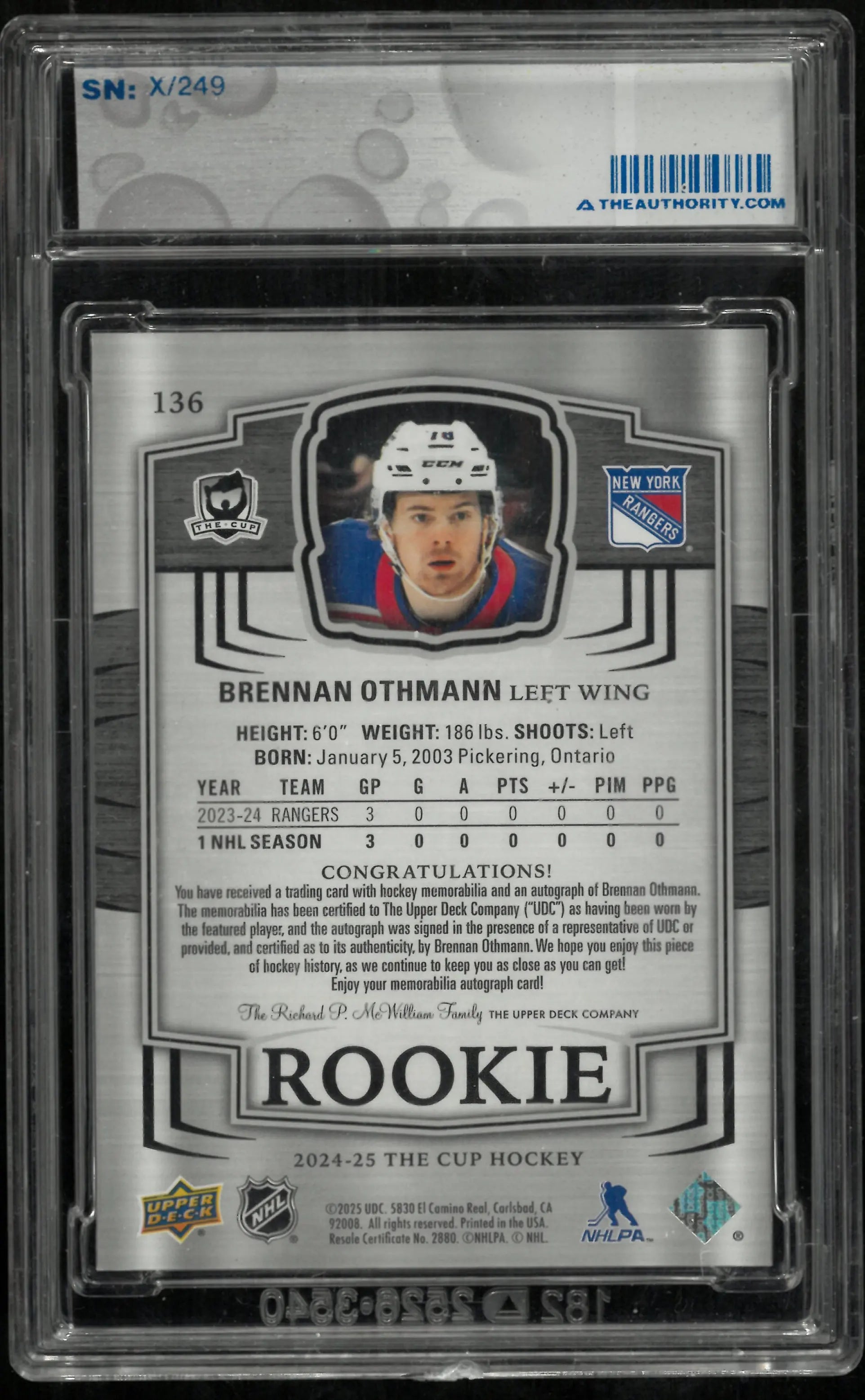 2024-25 Upper Deck The Cup Bennan Othmann RC Rookie Patch Auto /249 