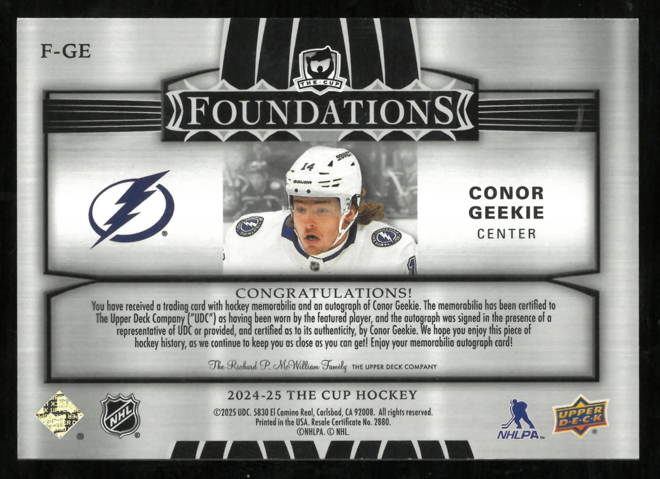 2024-25 Upper Deck The Cup Conor Geekie Quad Foundations Patch Auto /5 