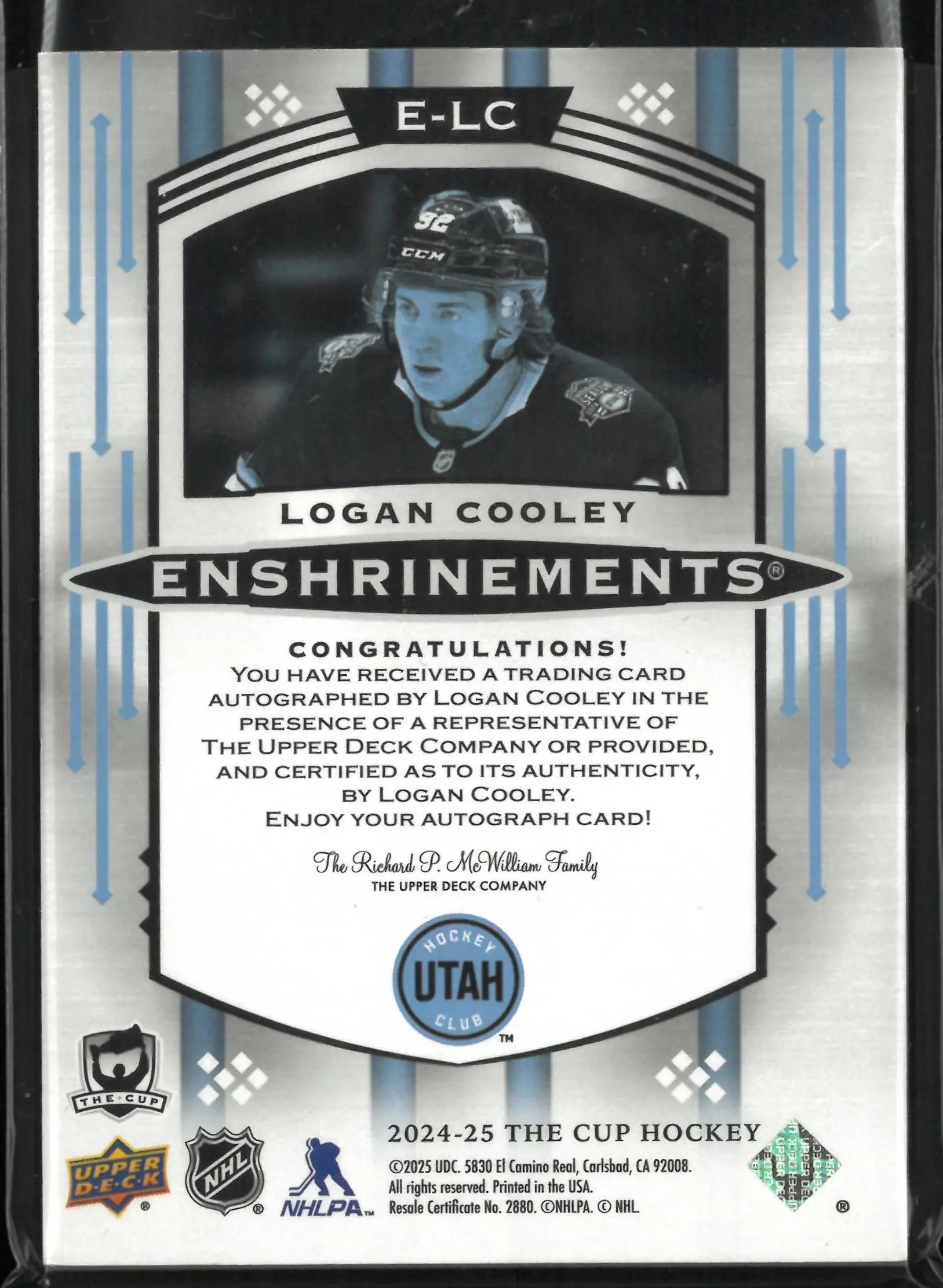 2024-25 Upper Deck The Cup Enshrinements Logan Cooley Autograph Auto /99 