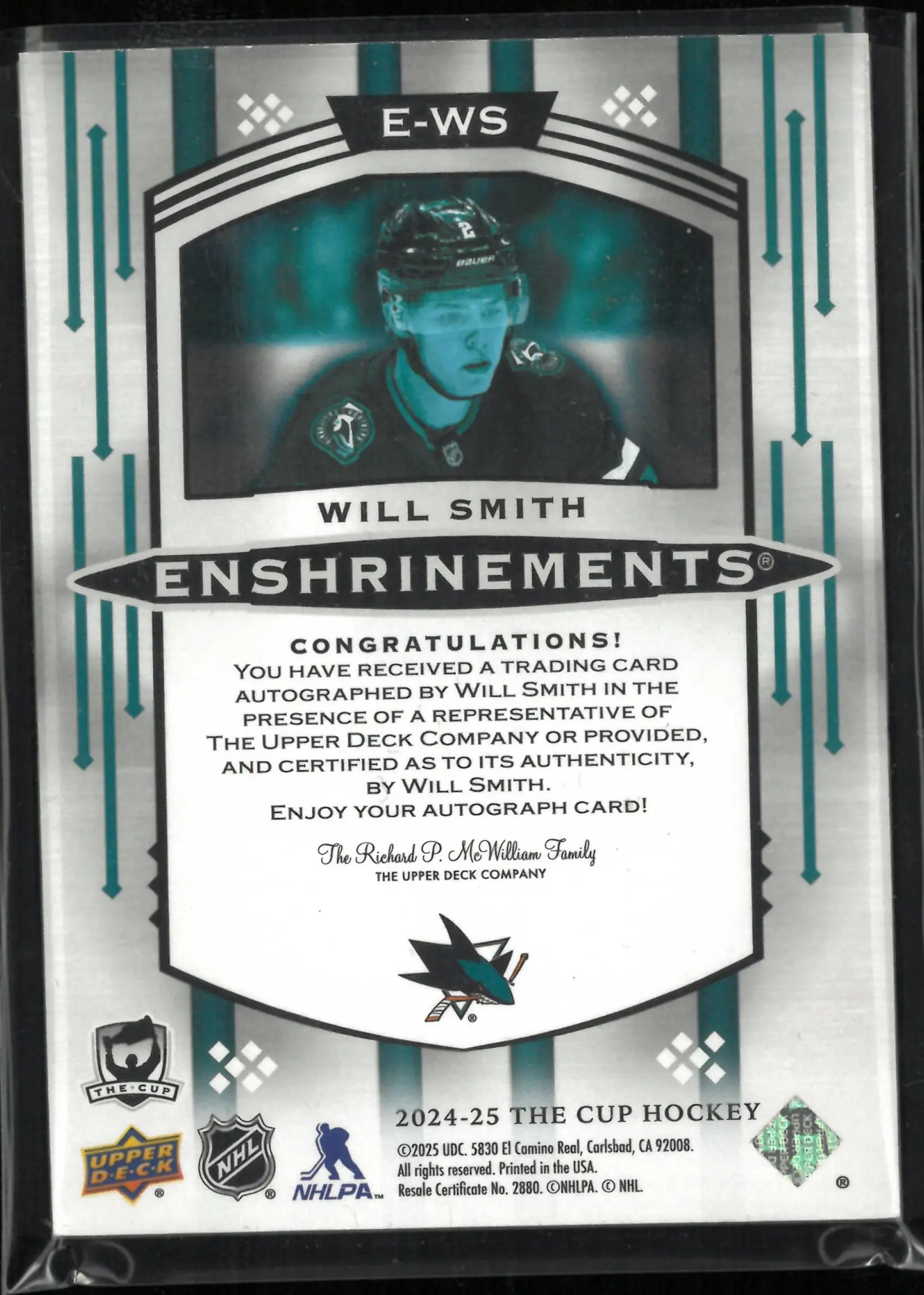 2024-25 Upper Deck The Cup Enshrinements Will Smith Autograph /99 