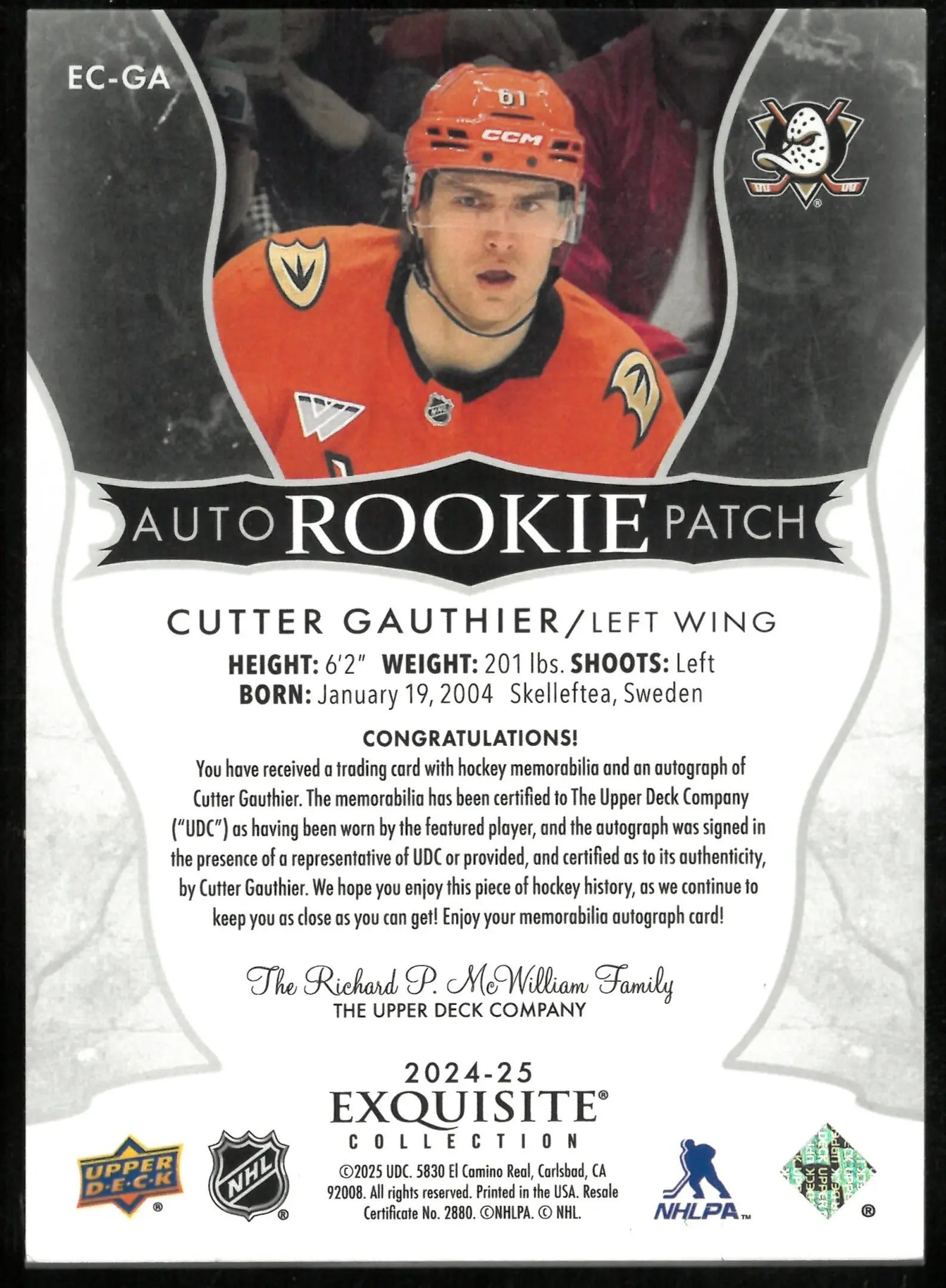 2024-25 Upper Deck The Cup Exquisite Rookie Patch Auto Cutter Gauthier /61 