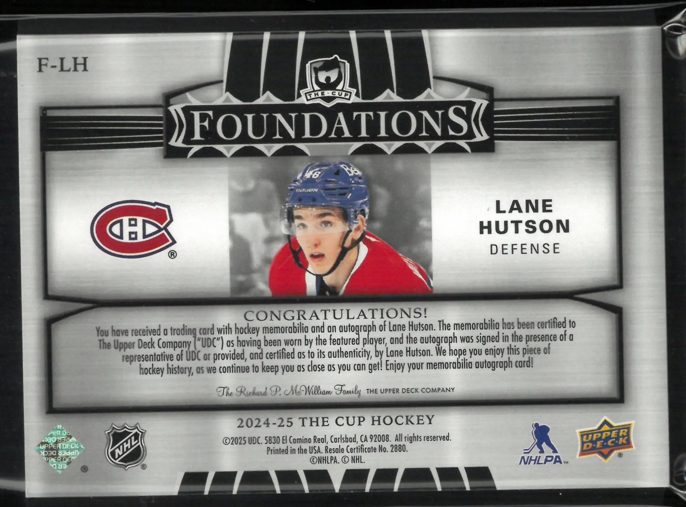2024-25 Upper Deck The Cup Foundations 4 Patch Autograph Lane Hutson Auto /15 