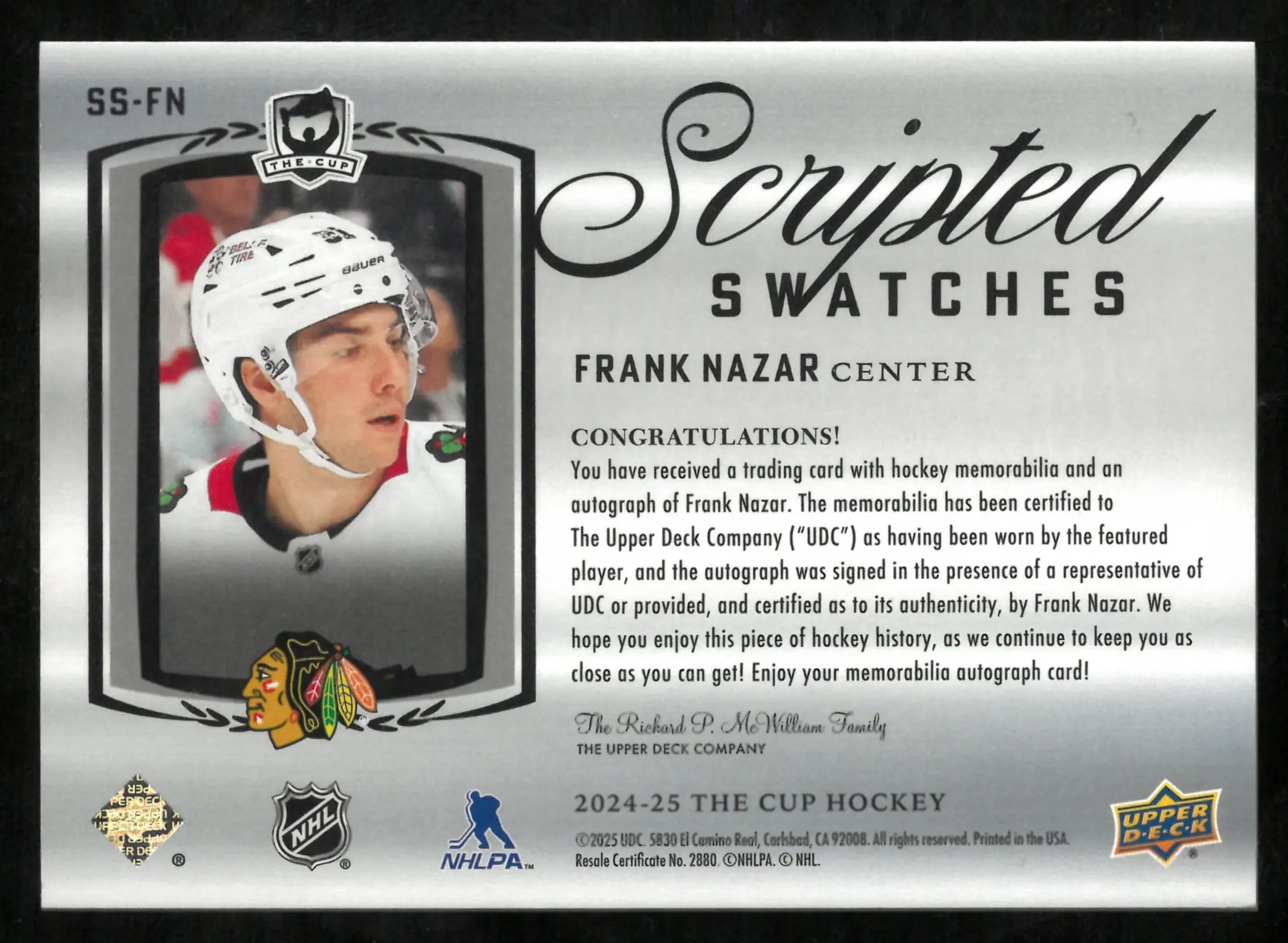 2024-25 Upper Deck The Cup Frank Nazar RC Rookie Scripted Patch Auto /50 