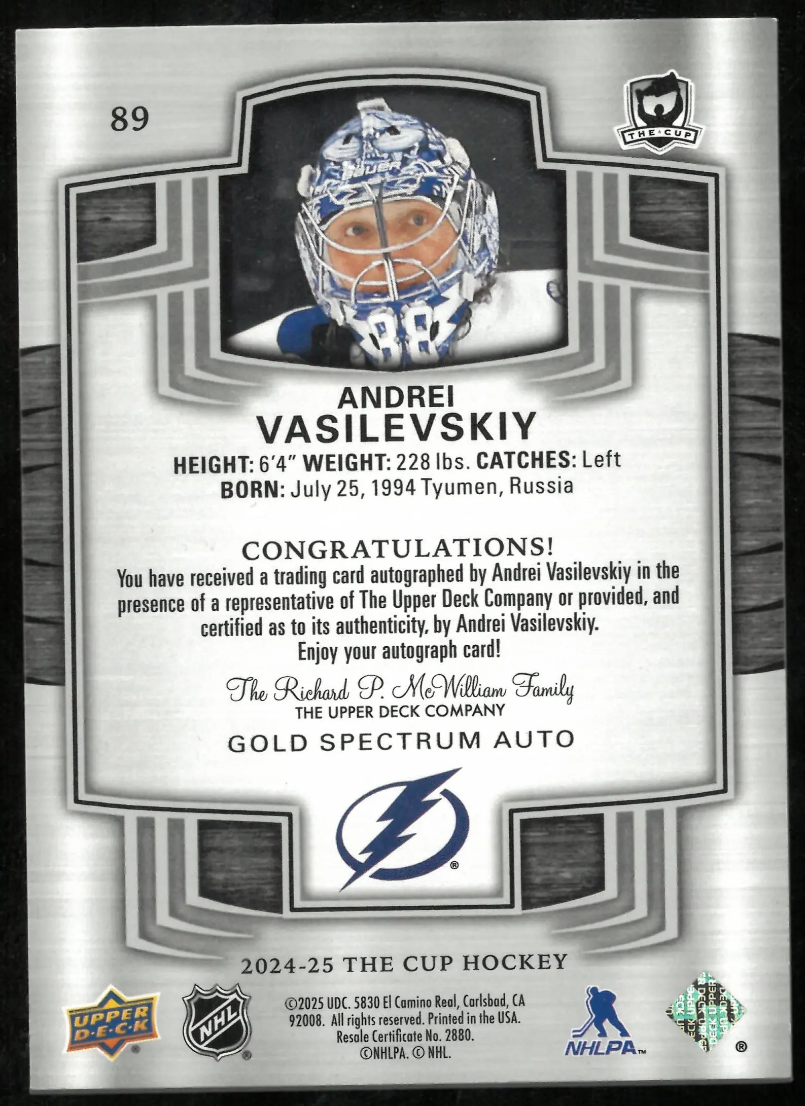 2024-25 Upper Deck The Cup Gold Auto Andrei Vasilevskiy /12 12/12 