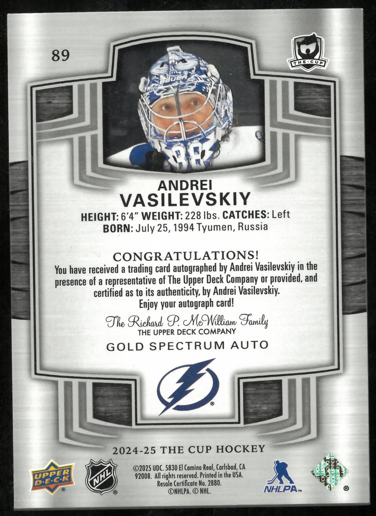 2024-25 Upper Deck The Cup Gold Auto Andrei Vasilevskiy /12 12/12 