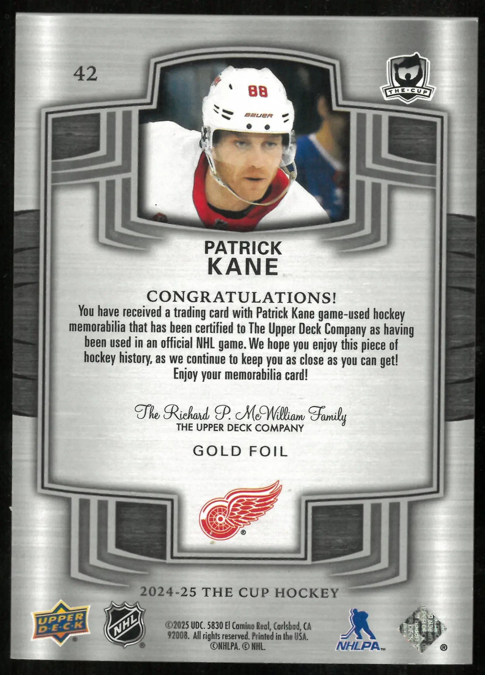 2024-25 Upper Deck The Cup Gold Foil Patch Patrick Kane /8 