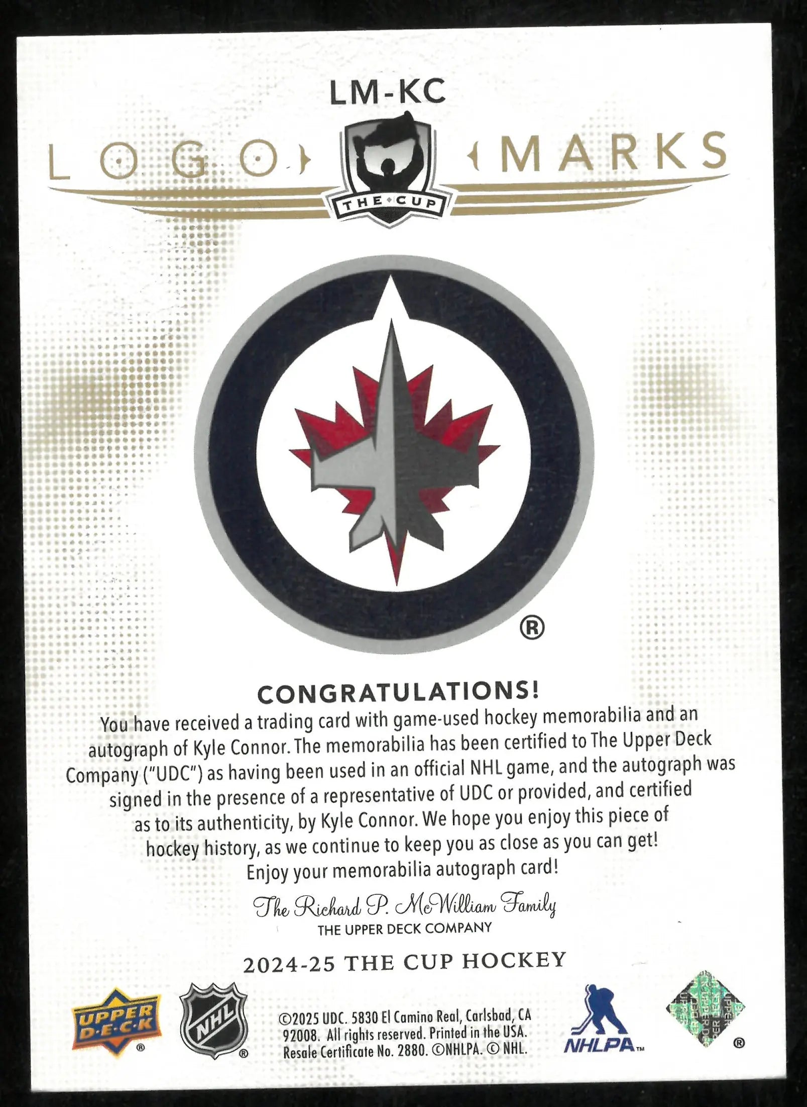 2024-25 Upper Deck The Cup Gold Logo Marks Patch Auto Kyle Connor /10 