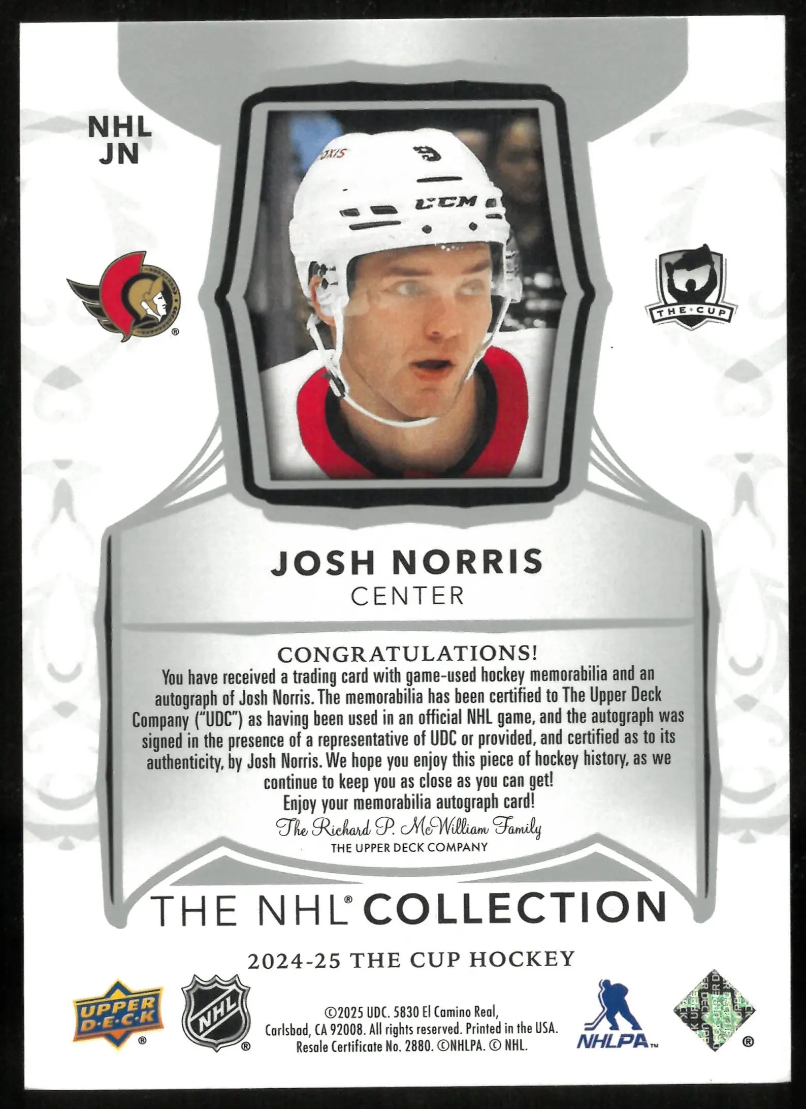 2024-25 Upper Deck The Cup Gold NHL Collection Patch Auto Josh Norris /25 