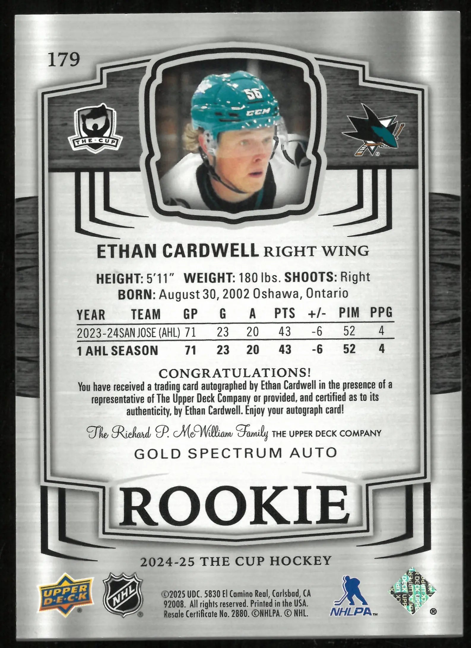 2024-25 Upper Deck The Cup Gold Spectrum Rookie Auto Ethan Cardwell /36 