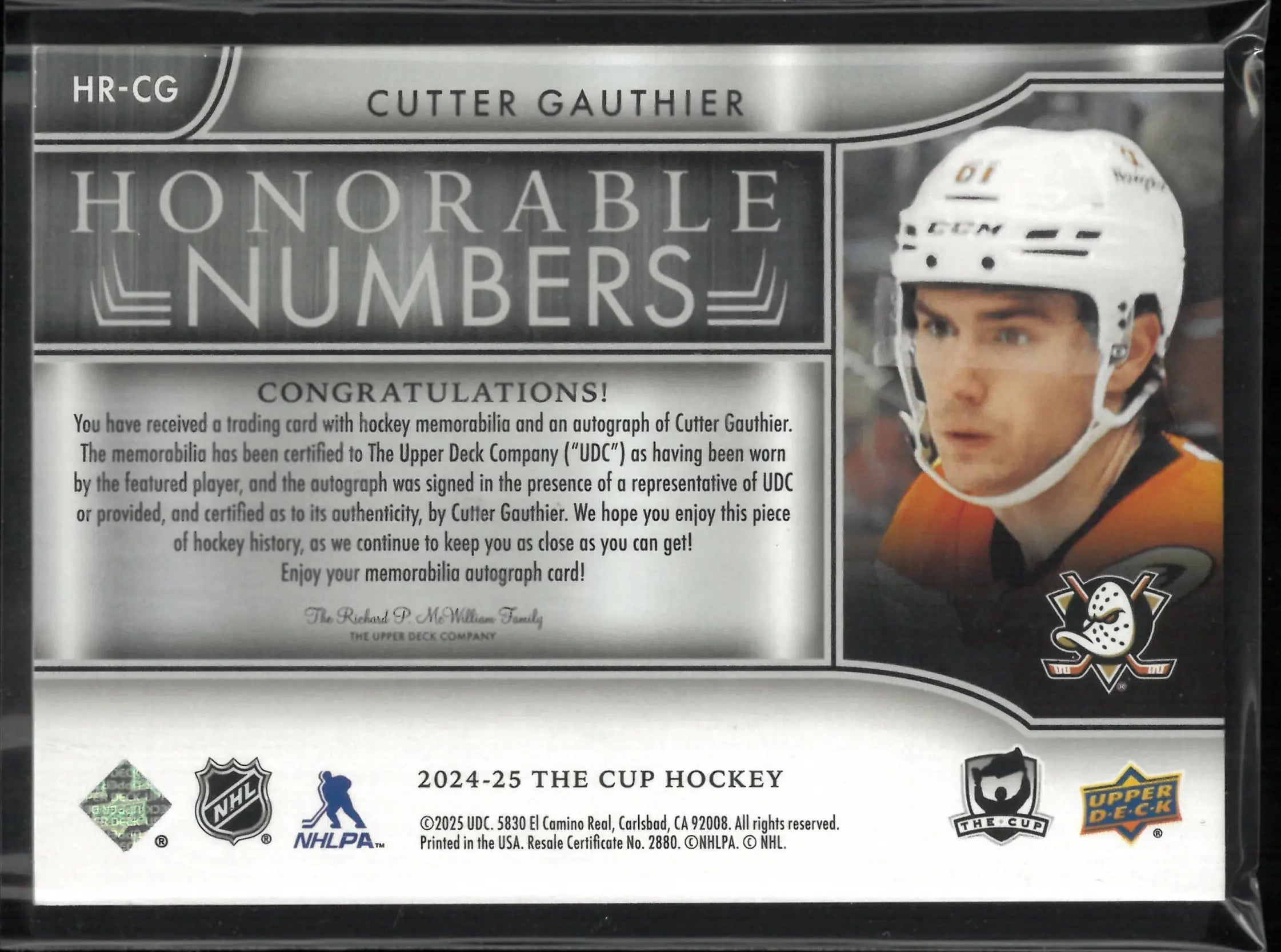 2024-25 Upper Deck The Cup Honorable Numbers Cutter Gauthier Patch Auto /61 