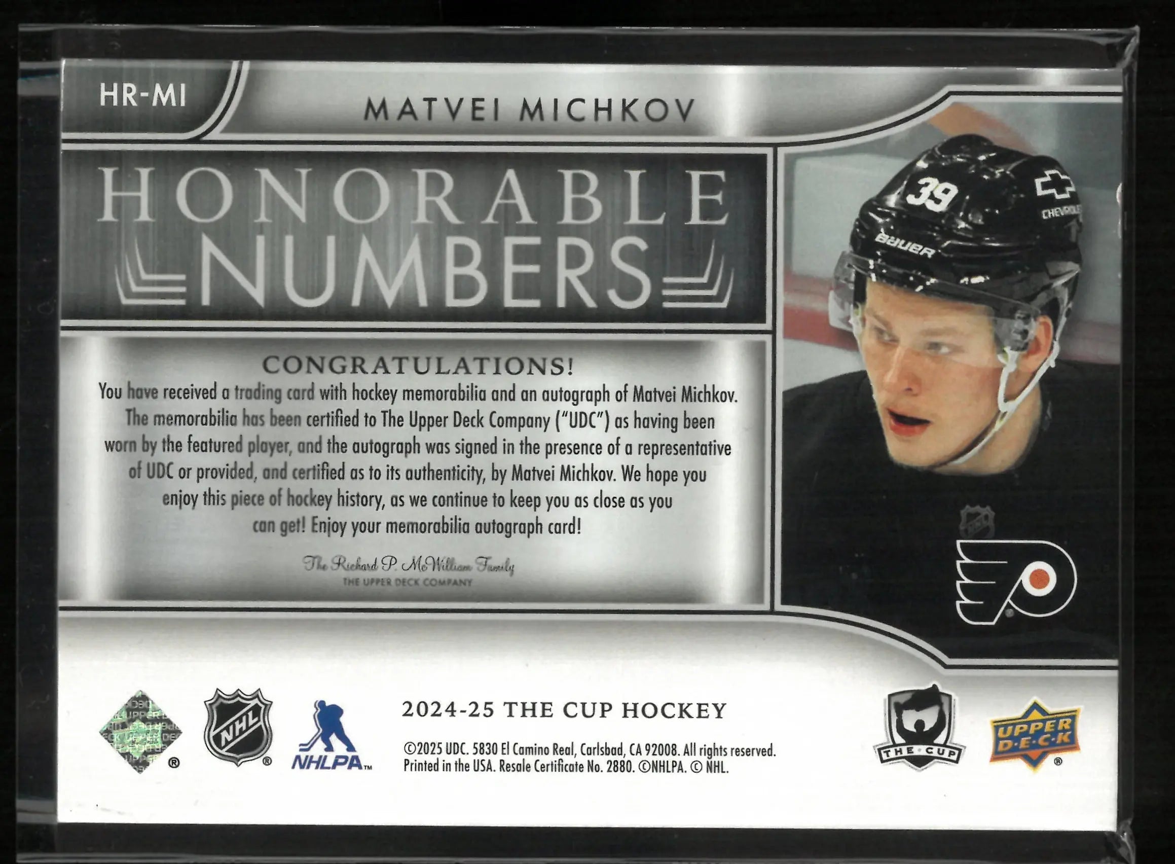 2024-25 Upper Deck The Cup Honorable Numbers Matvei Michkov Patch Auto /39 