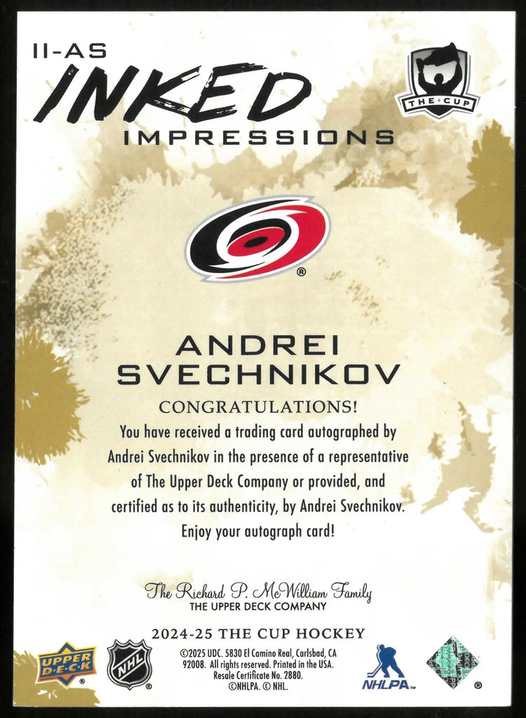 2024-25 Upper Deck The Cup Inked Impressions Andrei Svechnikov /50 