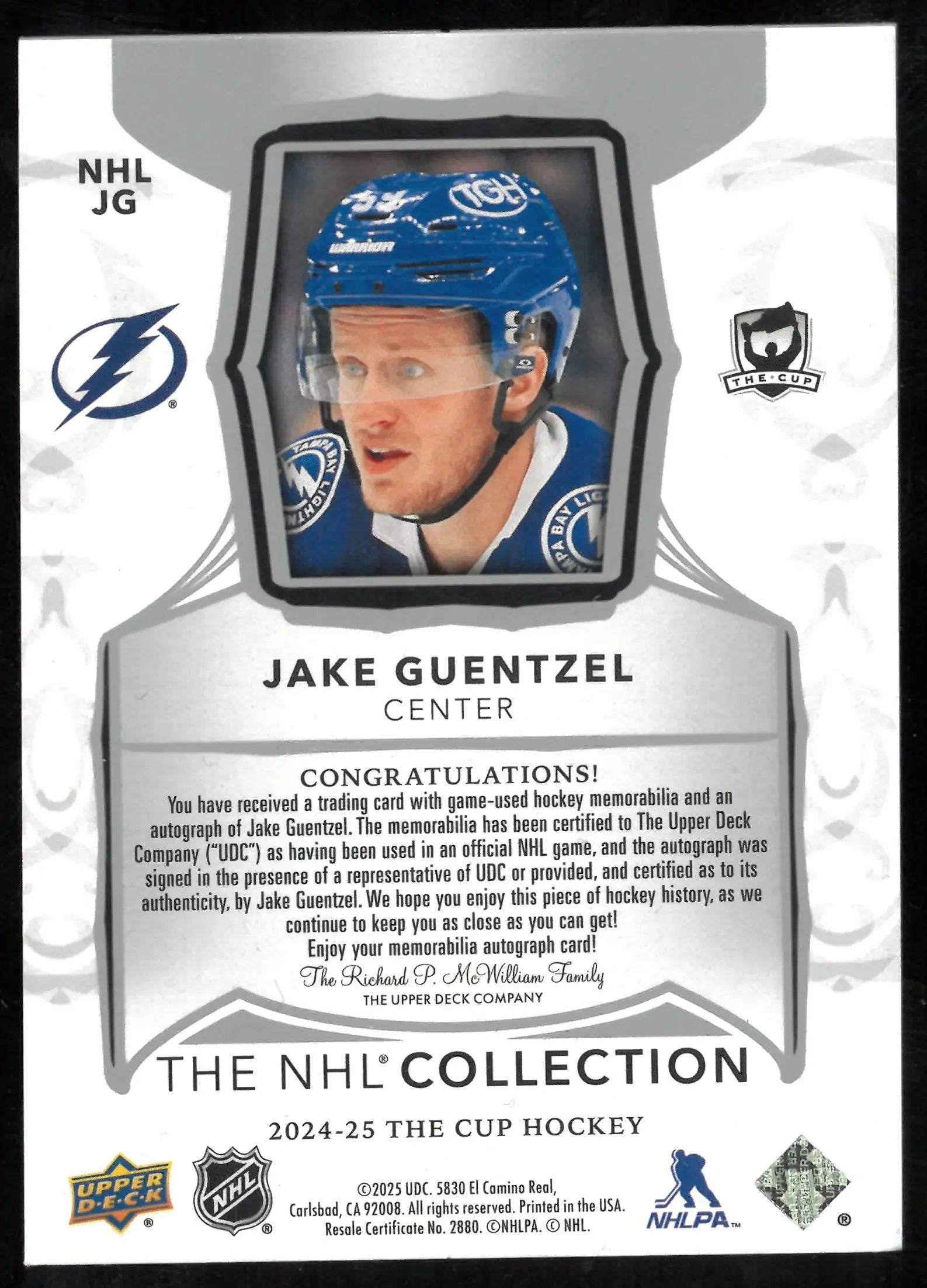 2024-25 Upper Deck The Cup Jake Guentzel  NHL Collection Patch Auto /25 