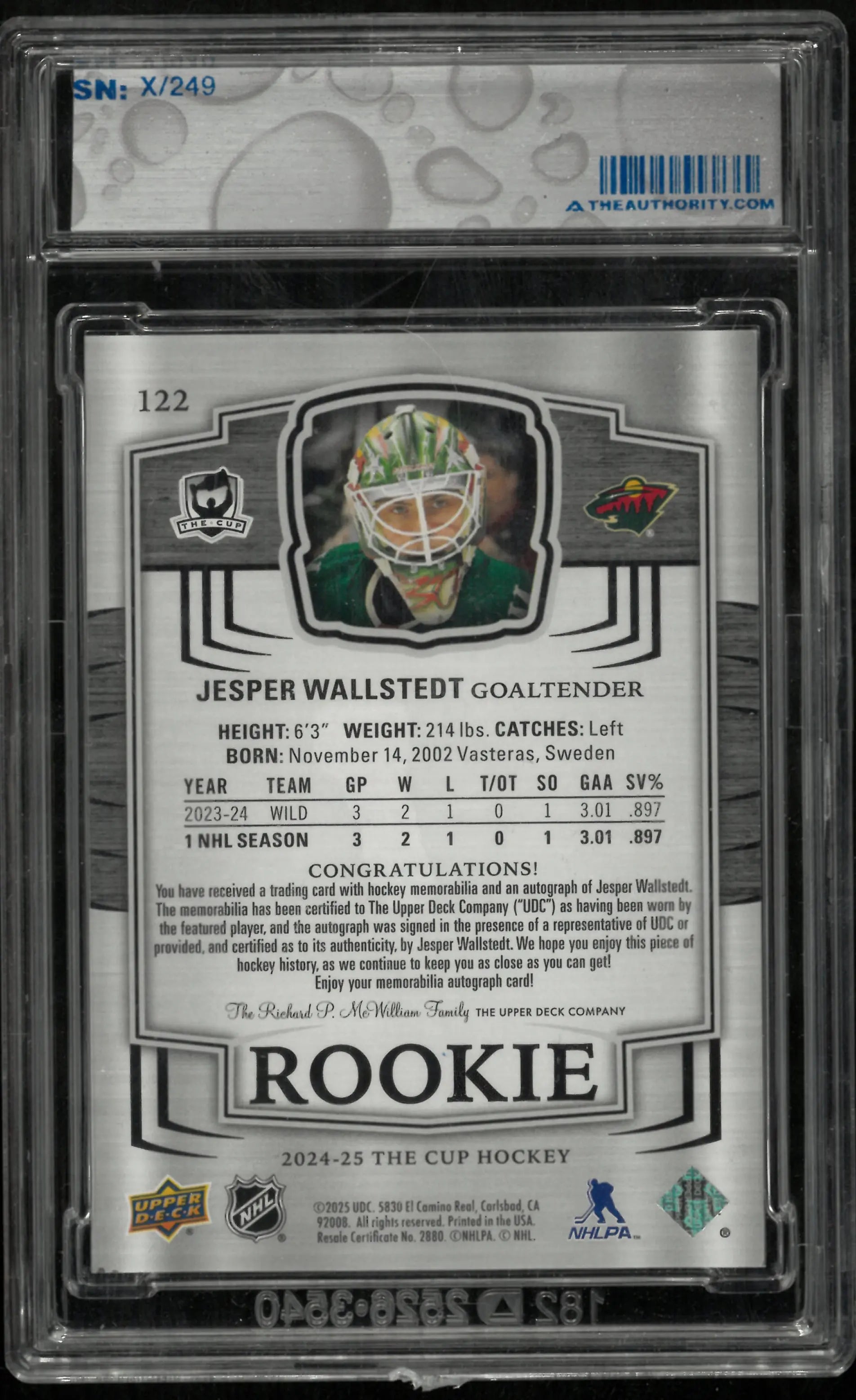2024-25 Upper Deck The Cup Jesper Wallstedt RC Rookie Patch Auto /249 