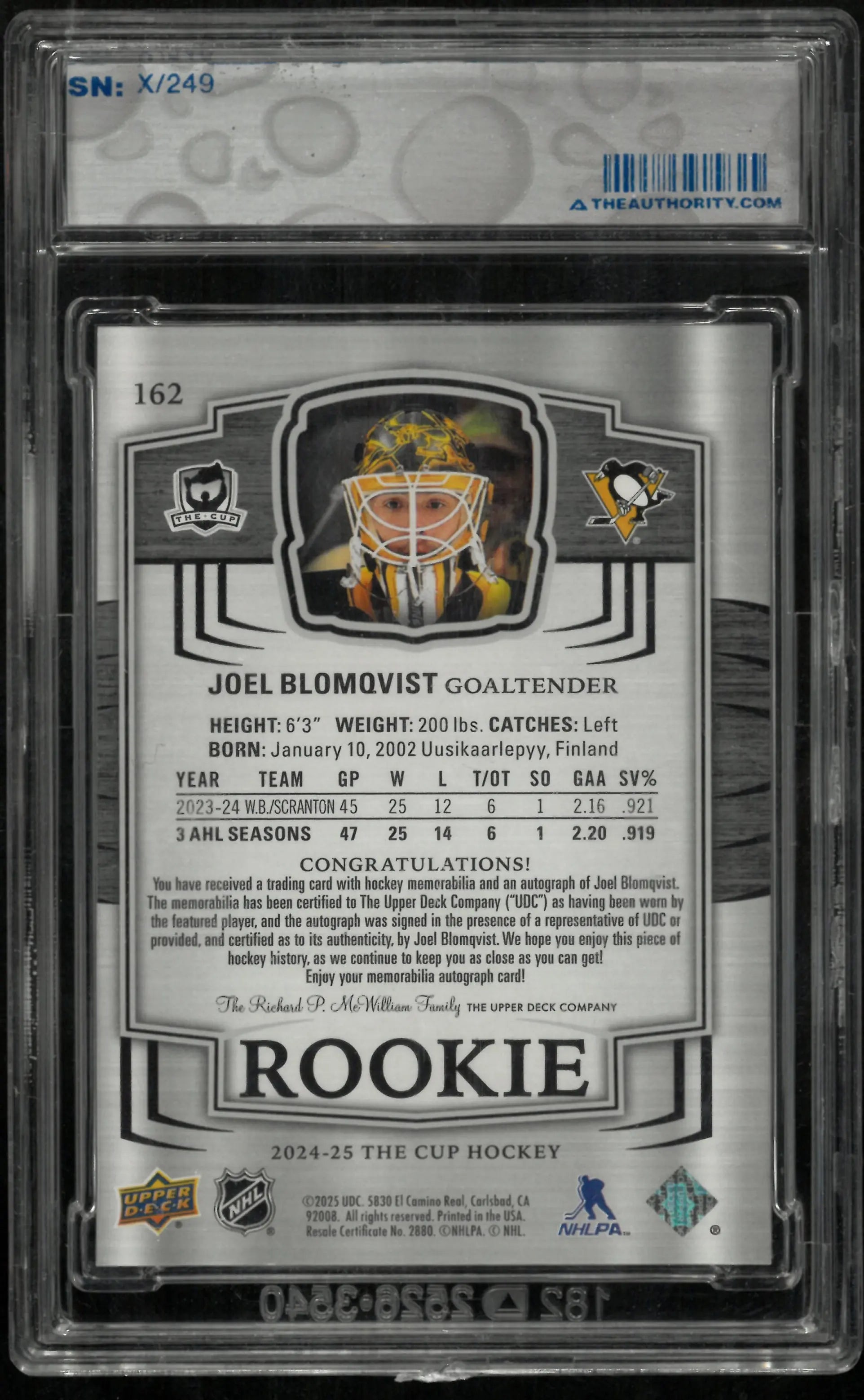 2024-25 Upper Deck The Cup Joel Blomqvist RC Rookie Patch Auto /249 