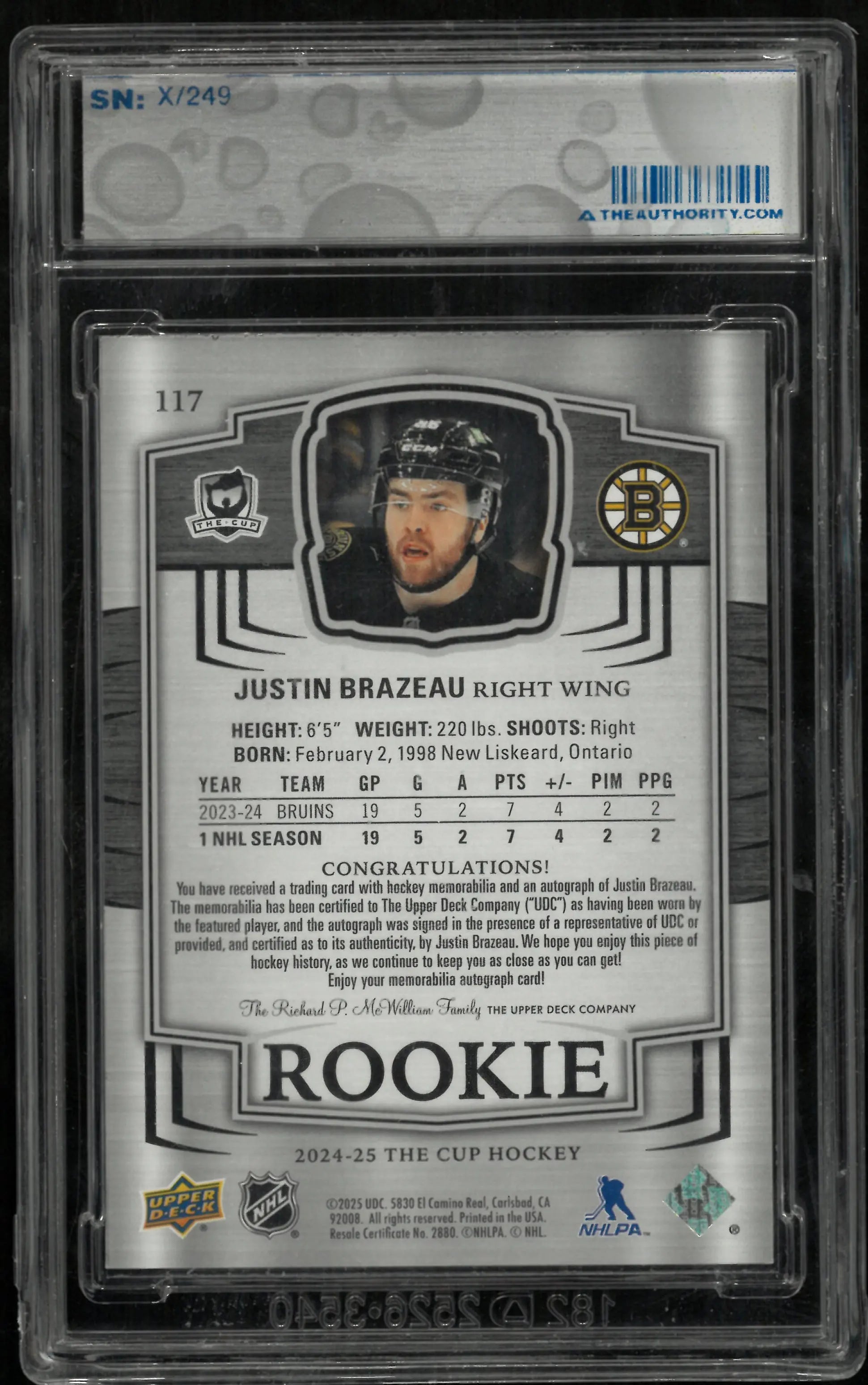 2024-25 Upper Deck The Cup Justin Brazeau RC Rookie Patch Auto /249 