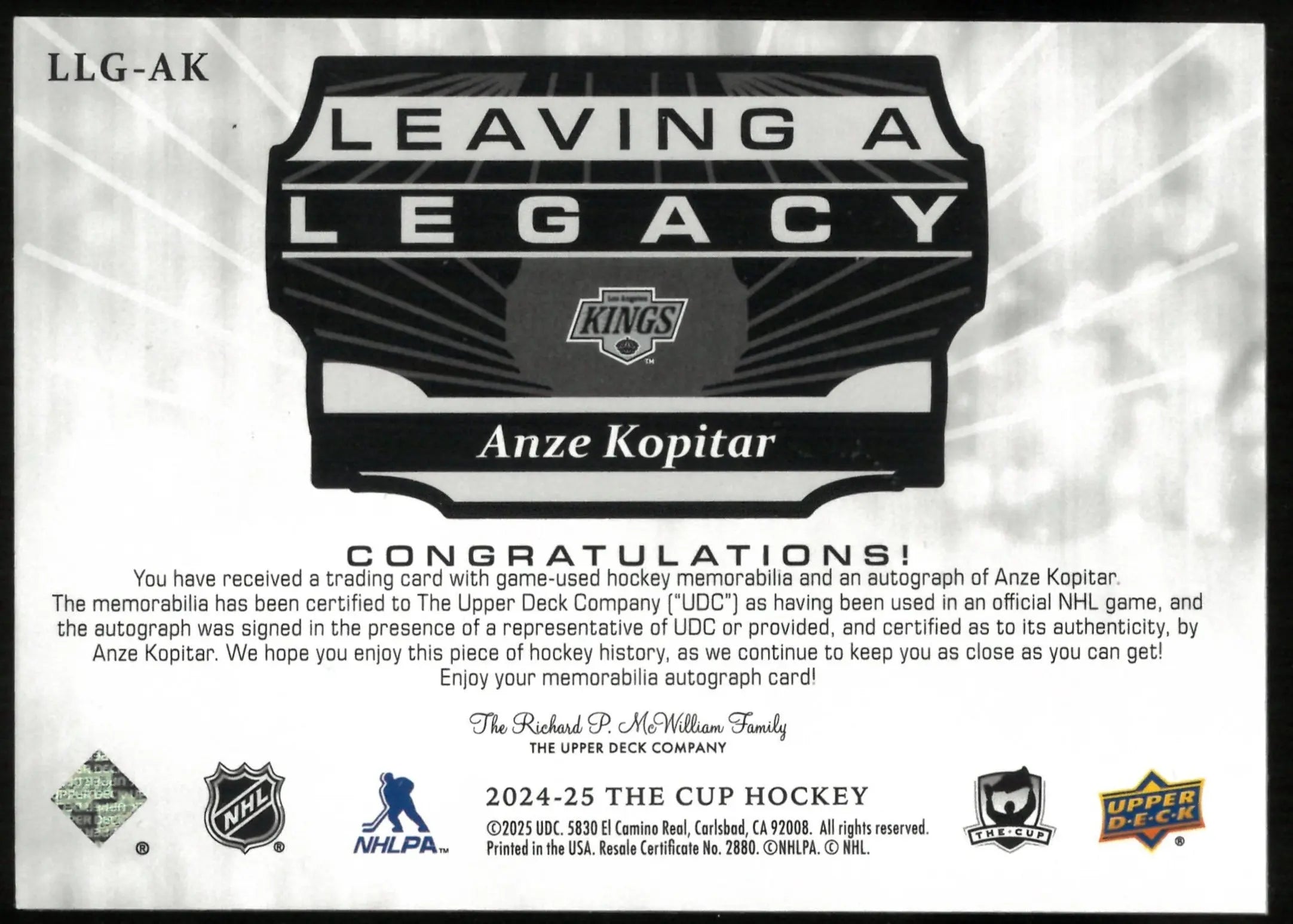 2024-25 Upper Deck The Cup Leaving A Legacy Patch Auto Anze Kopitar /35 