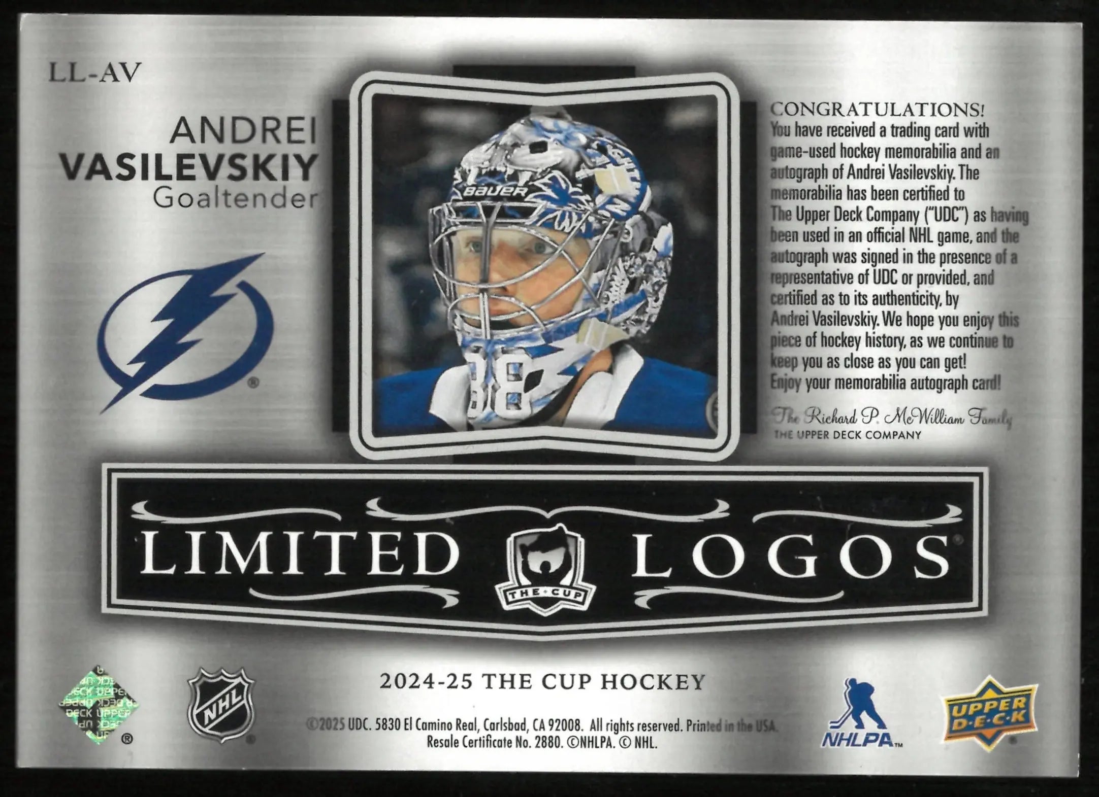 2024-25 Upper Deck The Cup Limited Logos Patch Auto Andrei Vasilevsky /50 