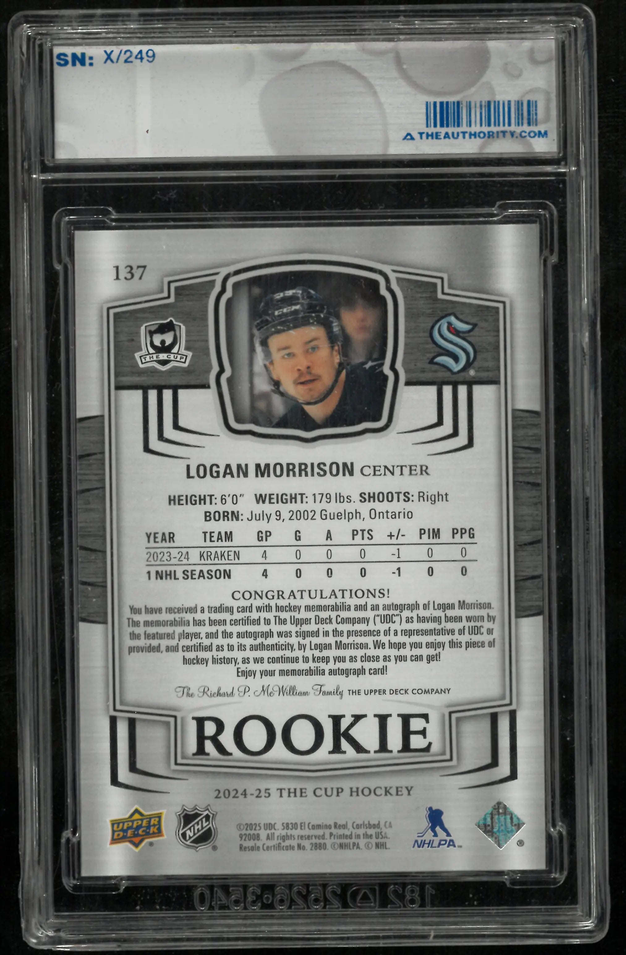 2024-25 Upper Deck The Cup Logan Morrison RC Rookie Patch Auto /249 