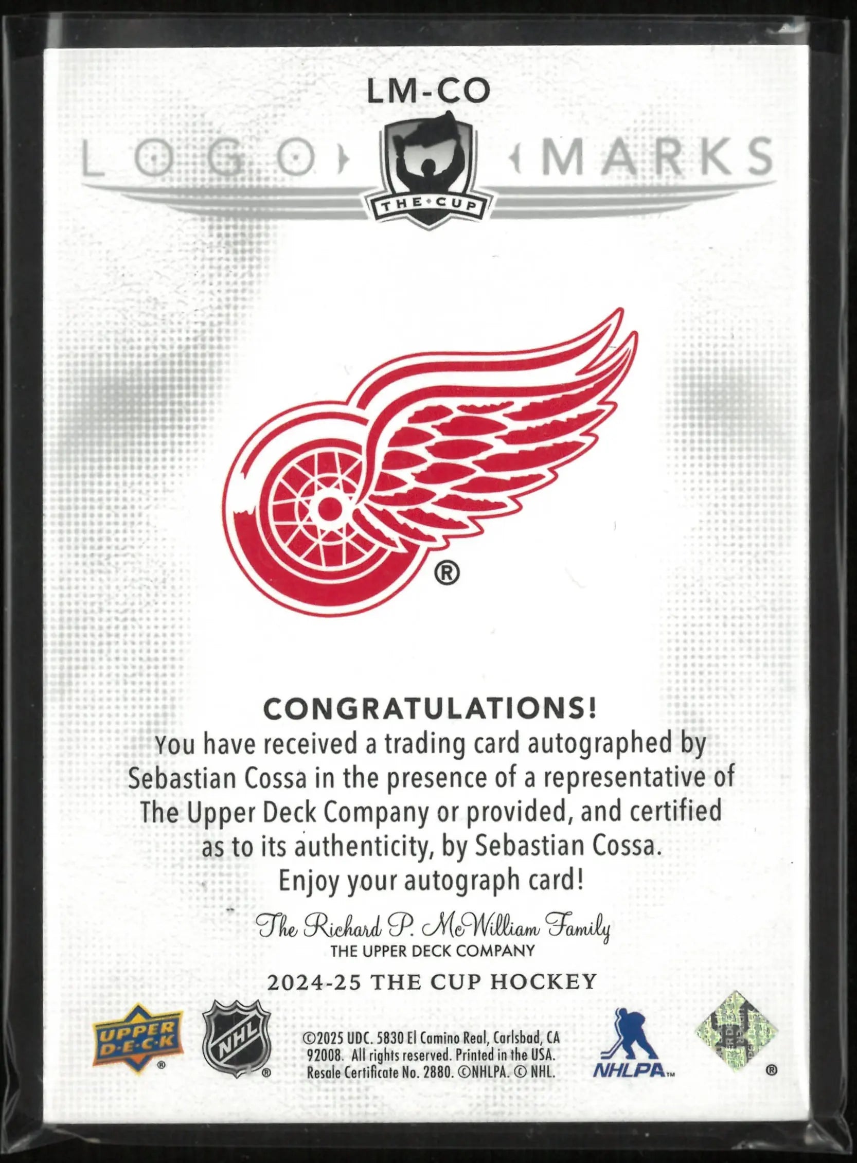 2024-25 Upper Deck The Cup Logo Marks Autograph Sebastian Cossa Auto 