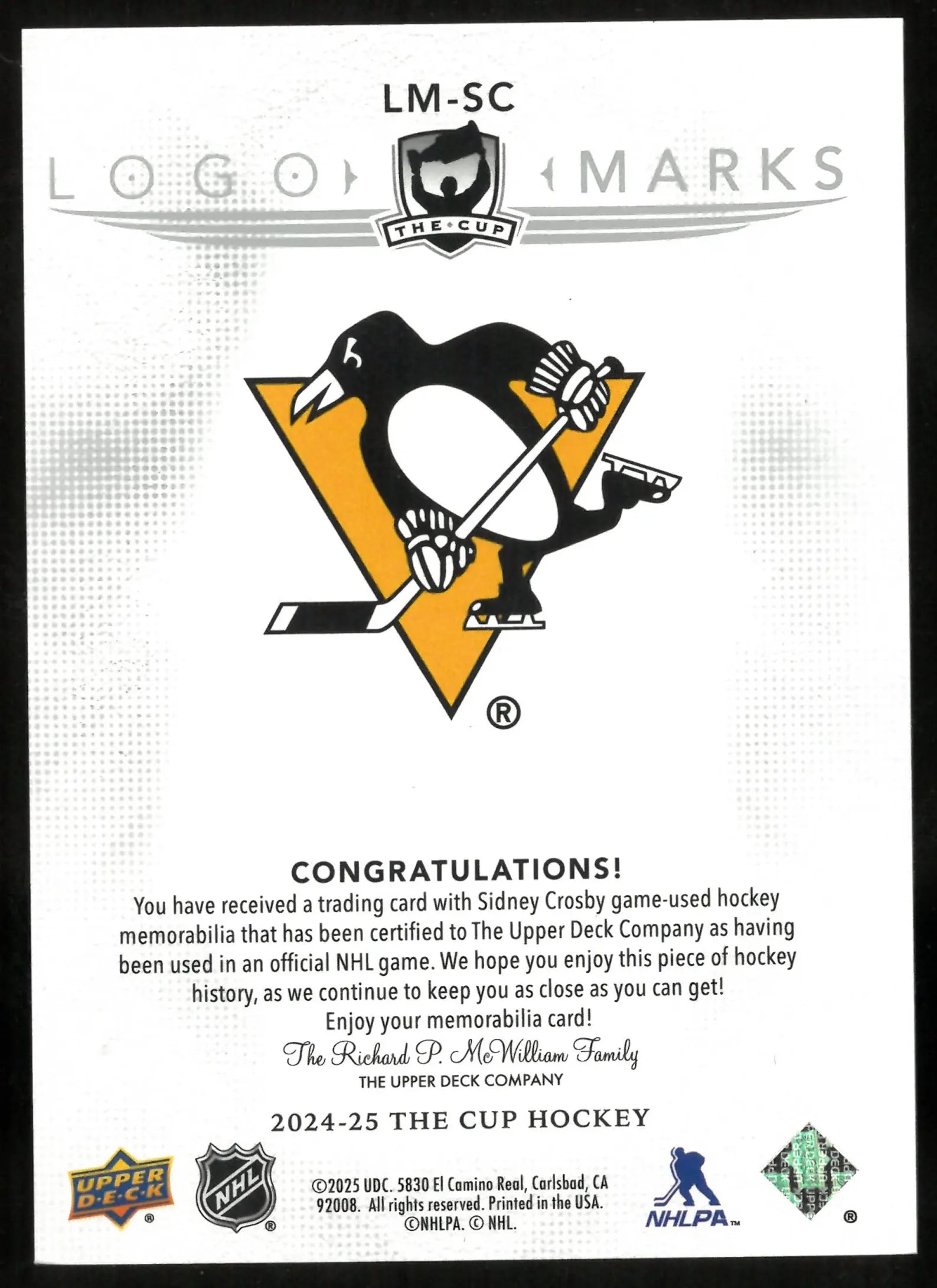 2024-25 Upper Deck The Cup Logo Marks Patch Sidney Crosby /99 