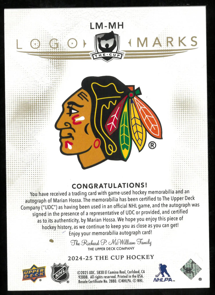 2024-25 Upper Deck The Cup Marian Hossa Logo Marks Patch Auto /10 