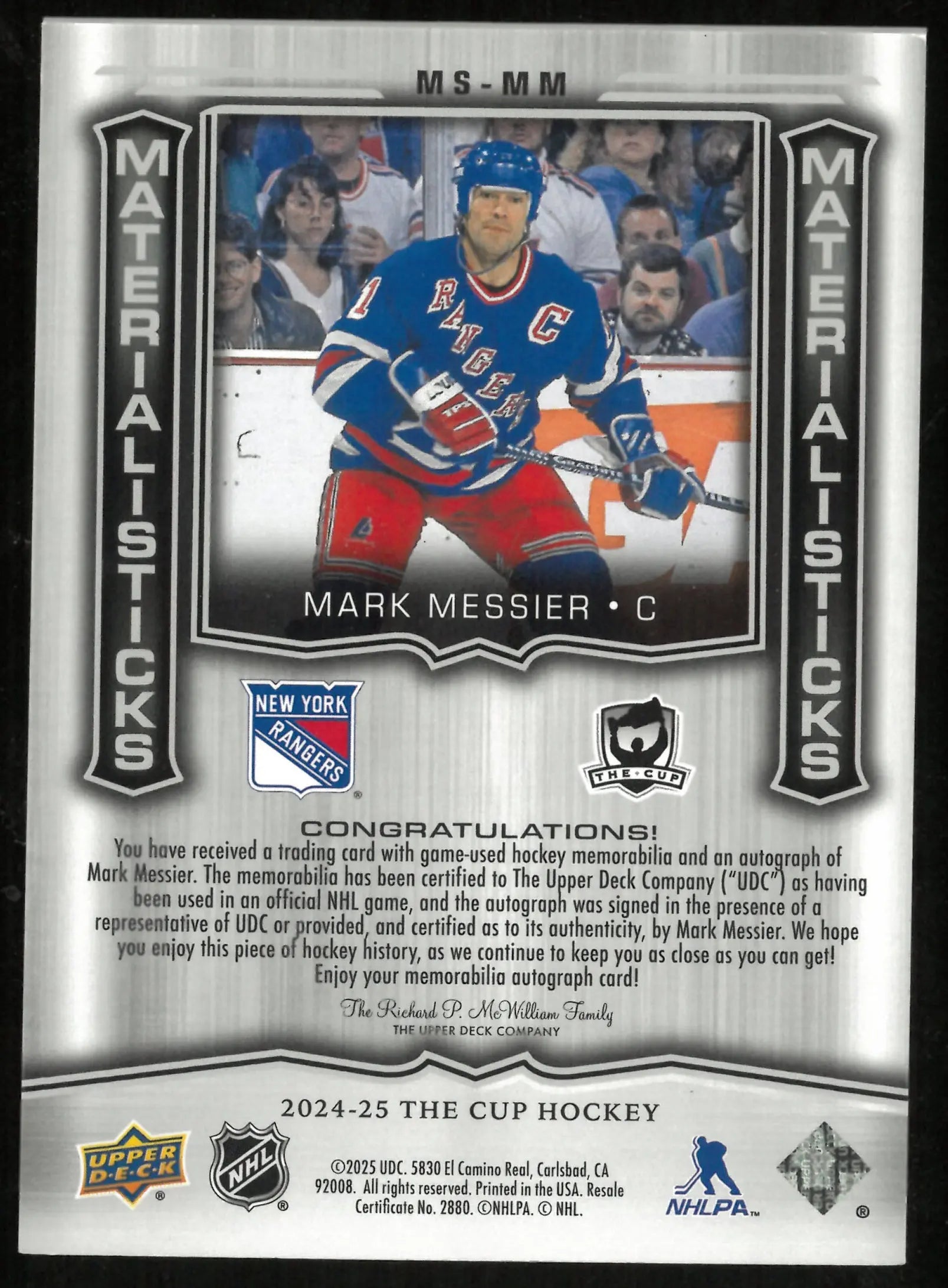 2024-25 Upper Deck The Cup Materialisticks Patch Auto Mark Messier /15 