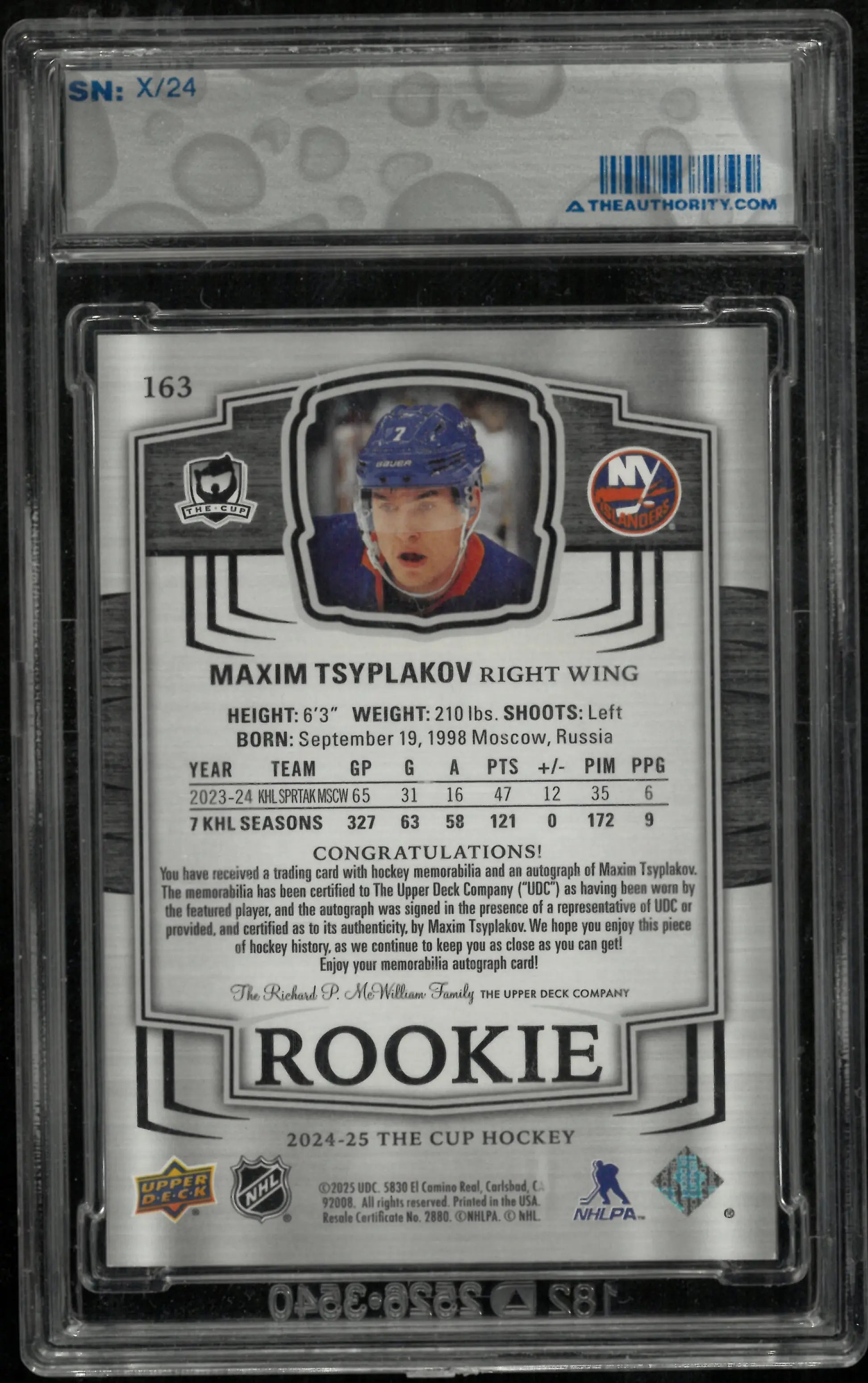 2024-25 Upper Deck The Cup Maxim Tsyplakov Gold RC Patch Auto /24 