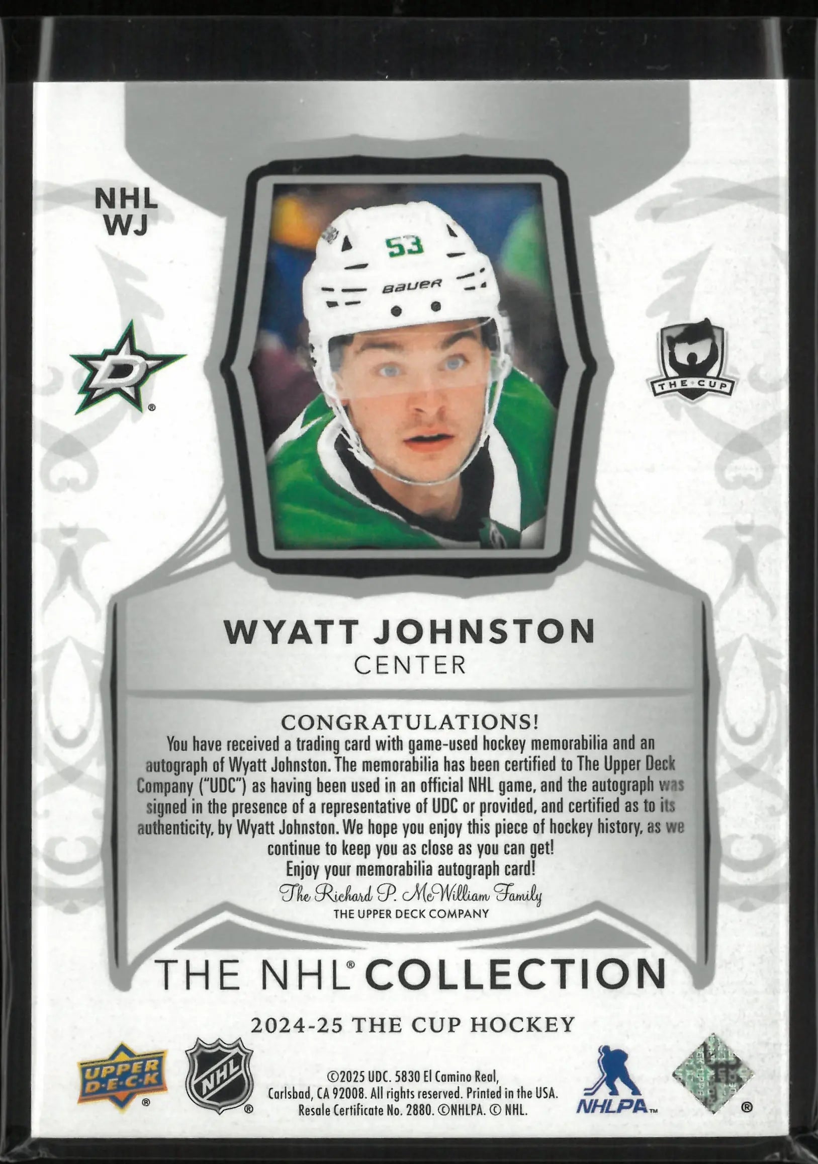 2024-25 Upper Deck The Cup Patch Autograph Wyatt Johnson Auto /25 