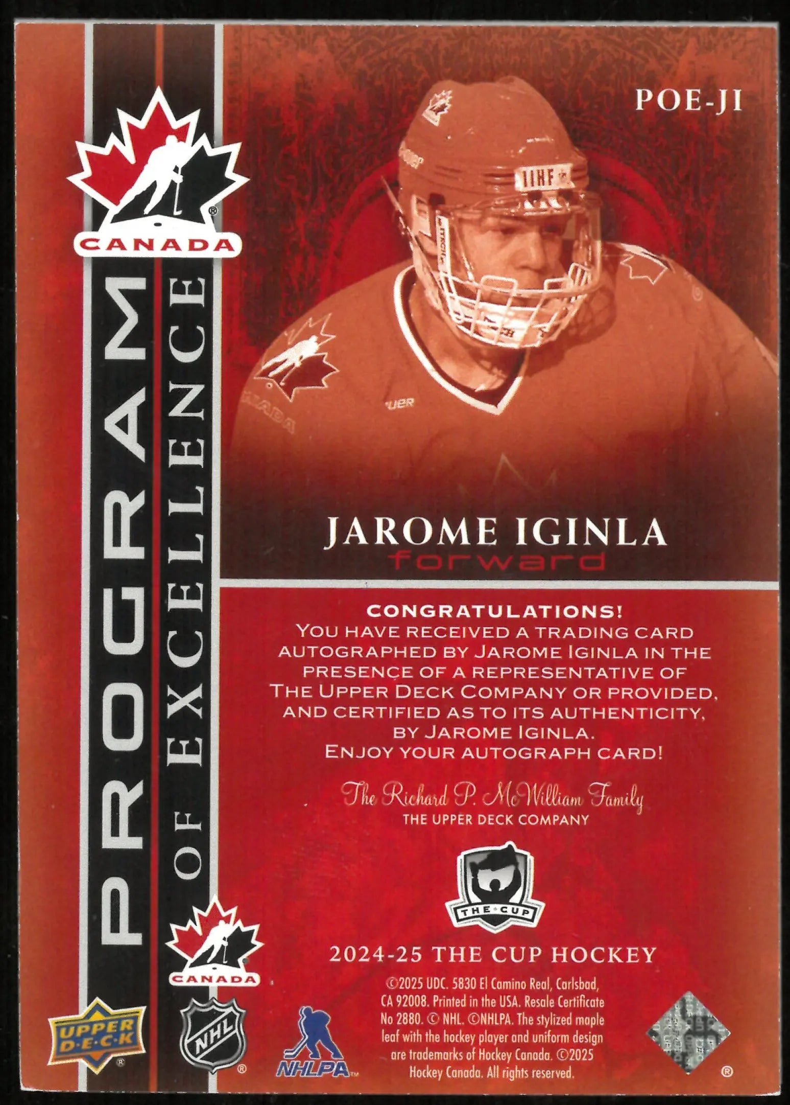 2024-25 Upper Deck The Cup Program Of Excellence Auto Jarome Iginla /10 