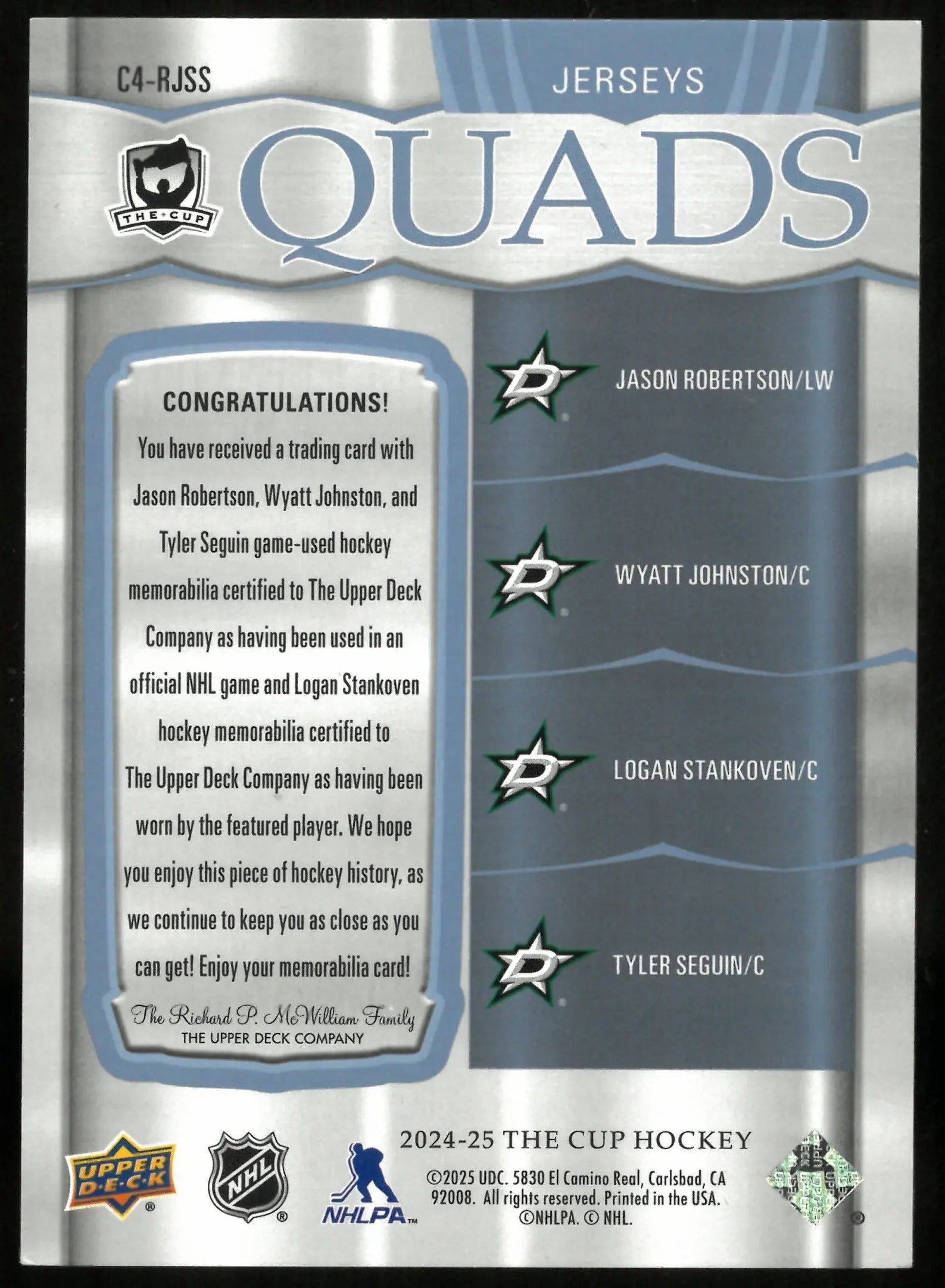2024-25 Upper Deck The Cup Quad Jerseys Patch Robertson Johnston Seguin /25 