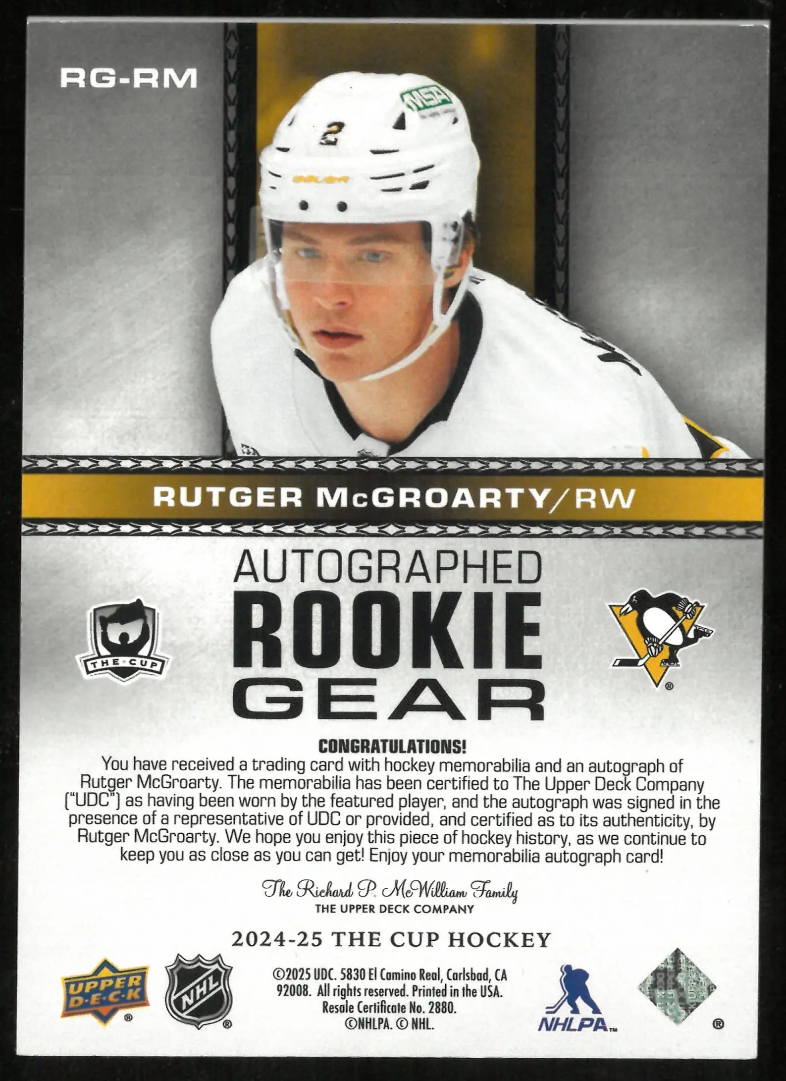 2024-25 Upper Deck The Cup Rookie Gear Patch Auto Rutger McGroarty /24 
