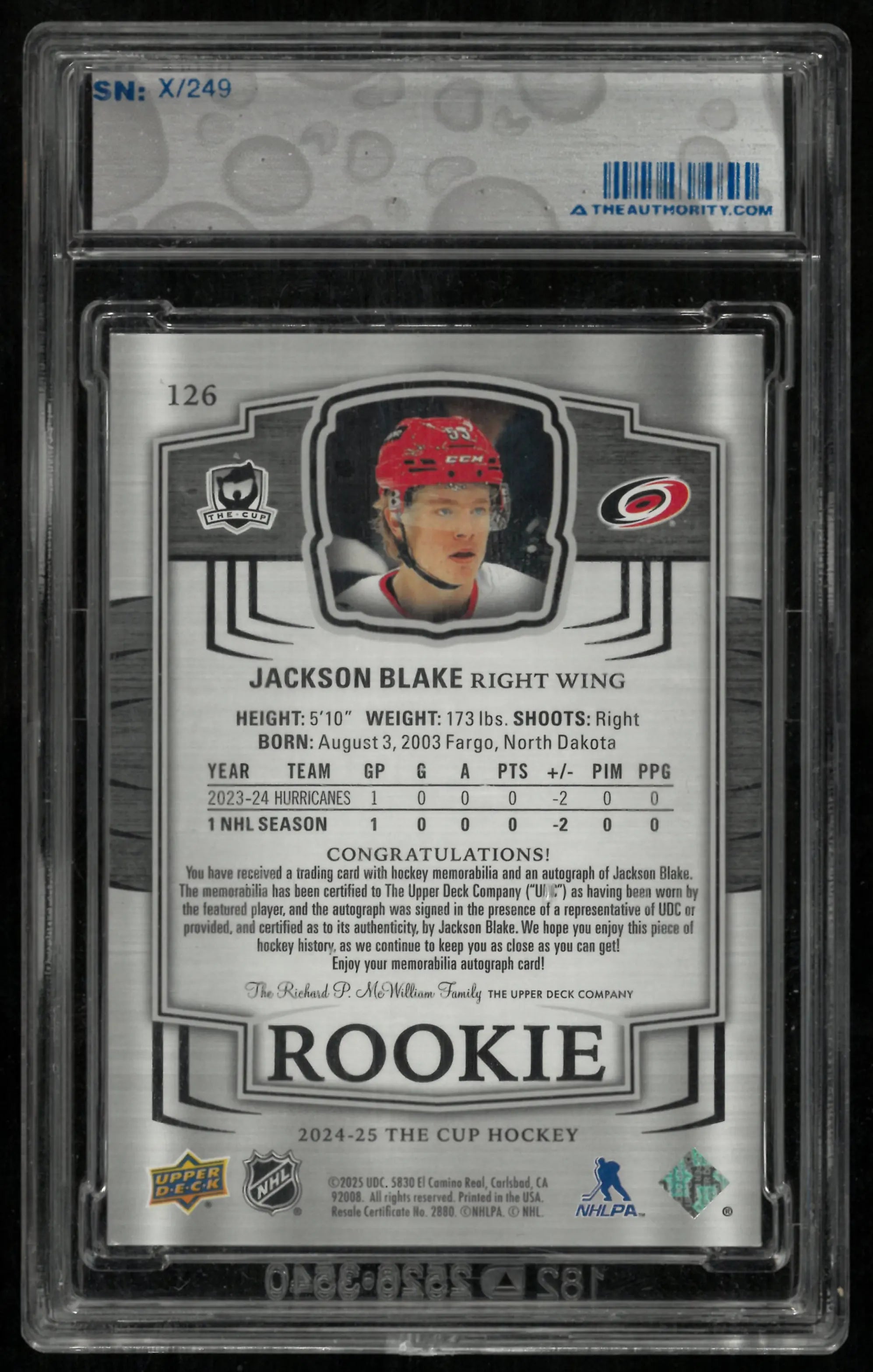 2024-25 Upper Deck The Cup Rookie Patch Auto Jackson Blake /249 