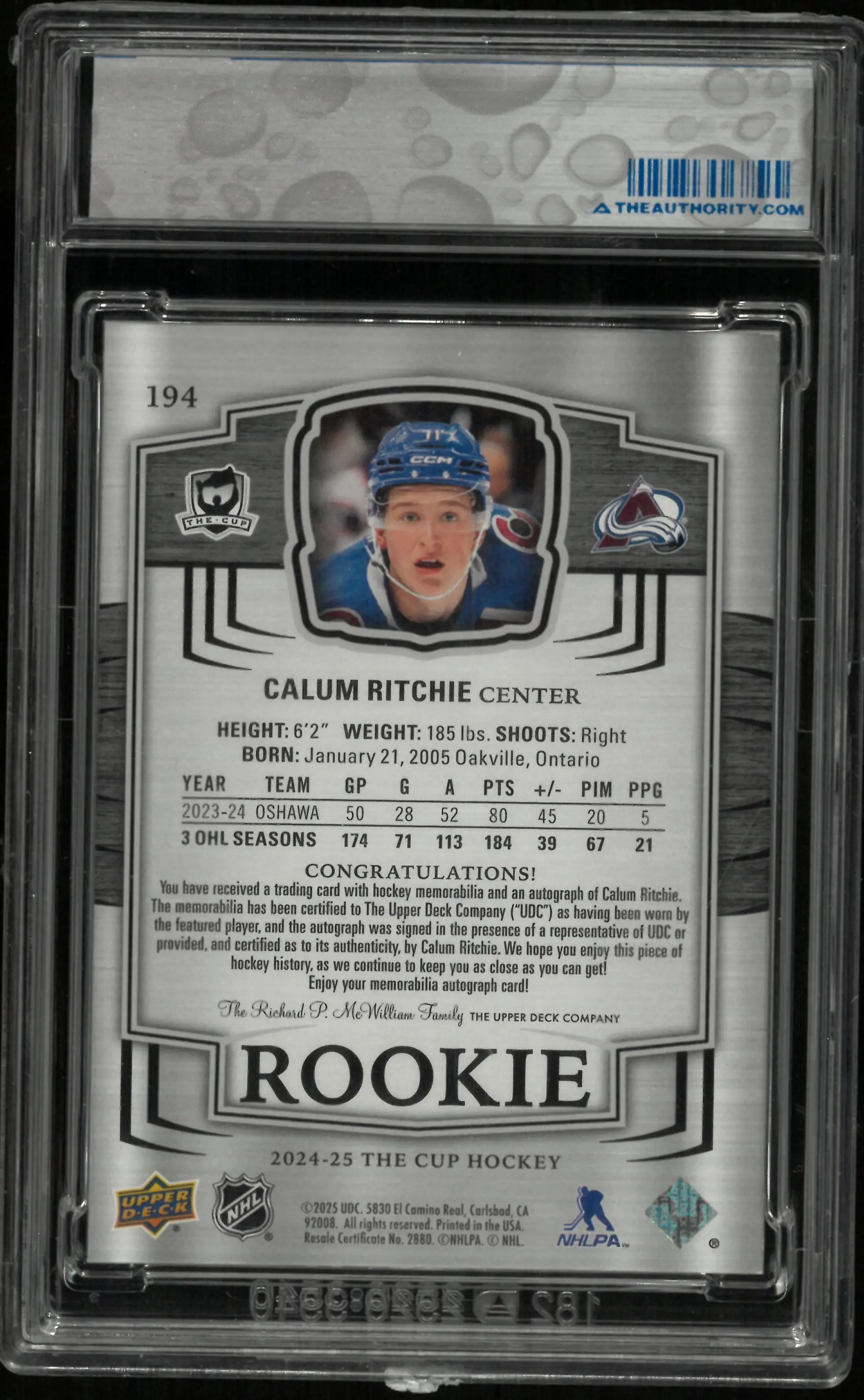 2024-25 Upper Deck The Cup Rookie Patch Autograph Calum Ritchie Auto RC/249 