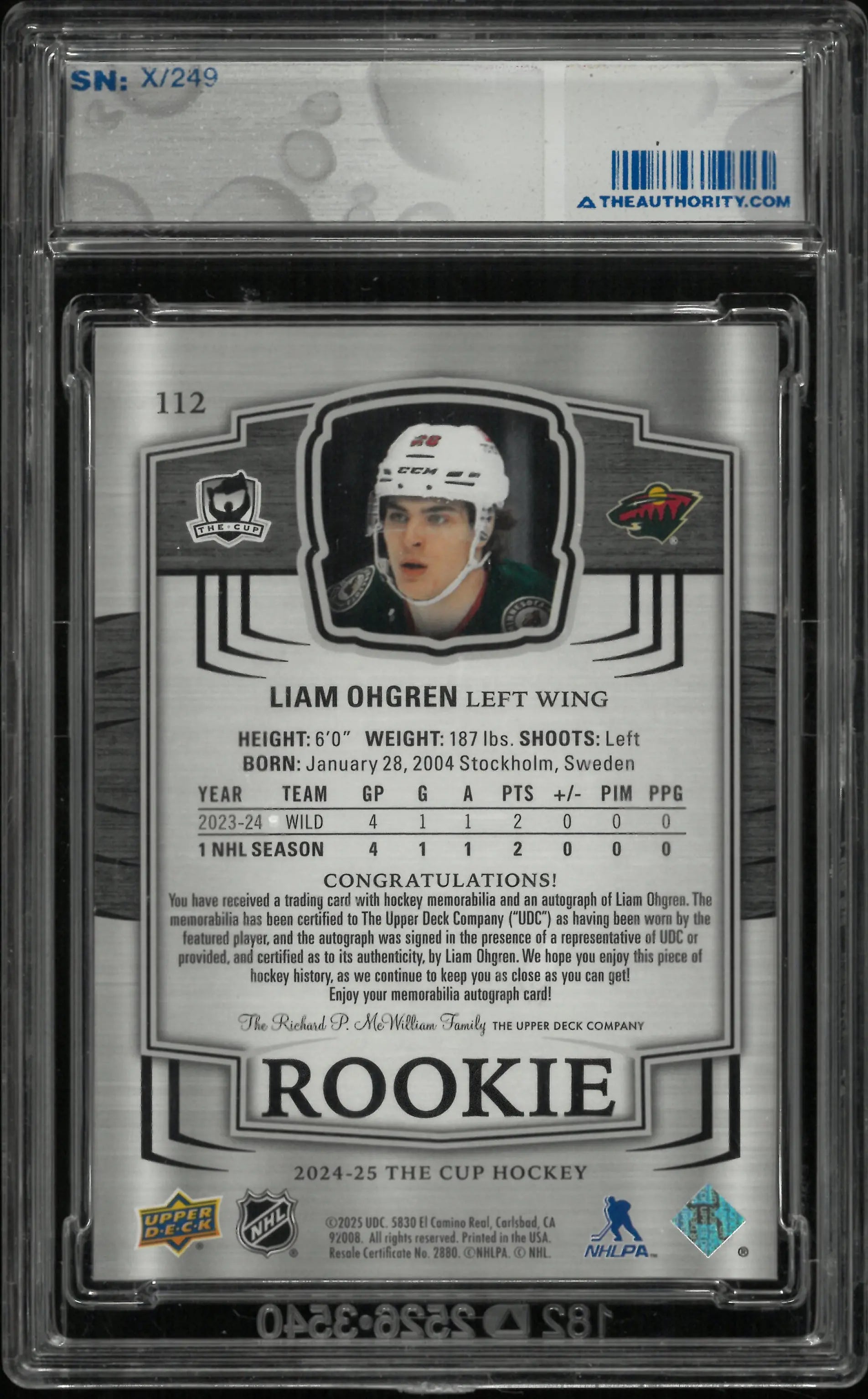 2024-25 Upper Deck The Cup Rookie Patch Autograph Liam Ohgren Auto RC /249 