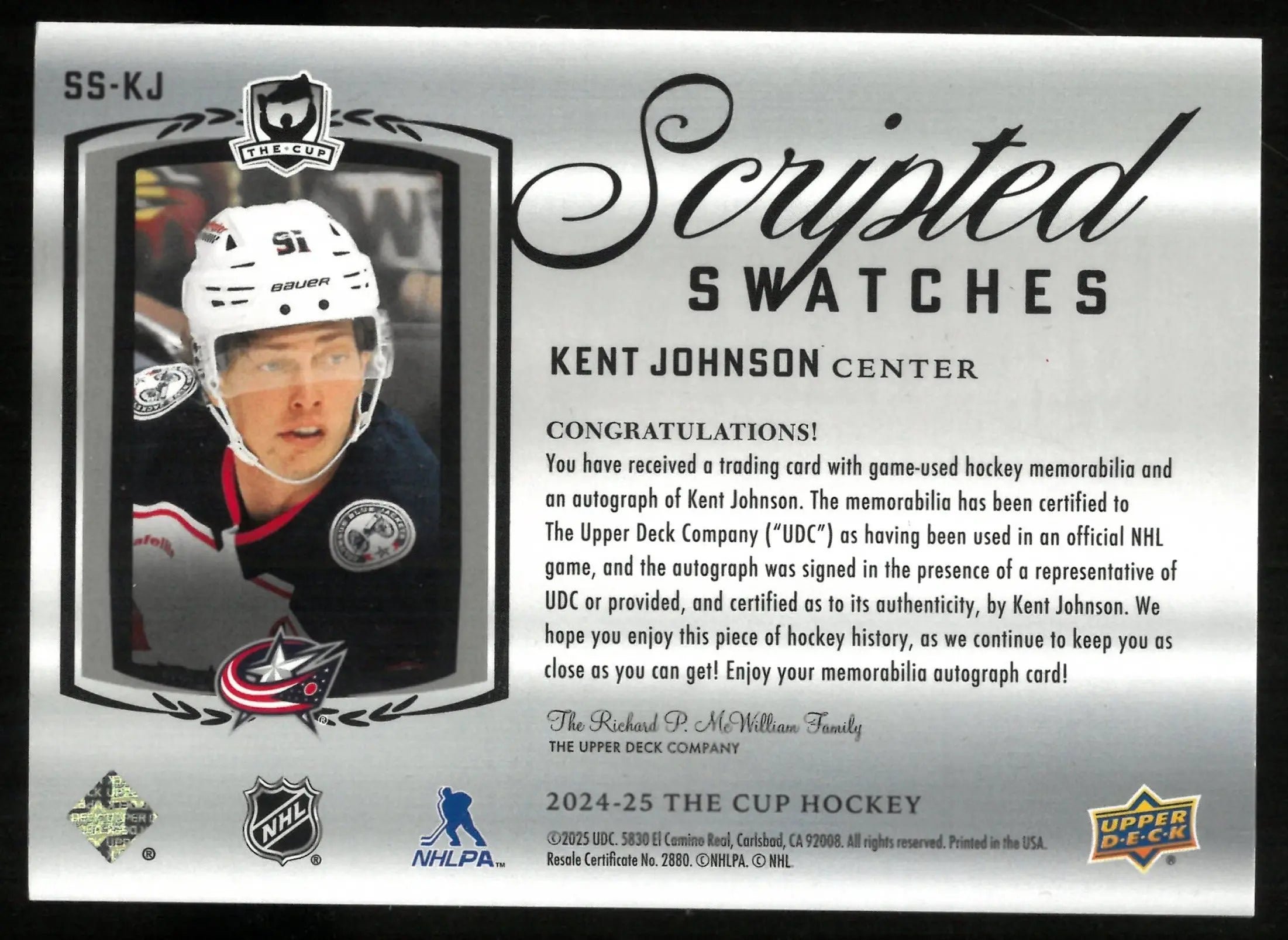 2024-25 Upper Deck The Cup Scripted Swatches Patch Auto Kent Johnson /50 