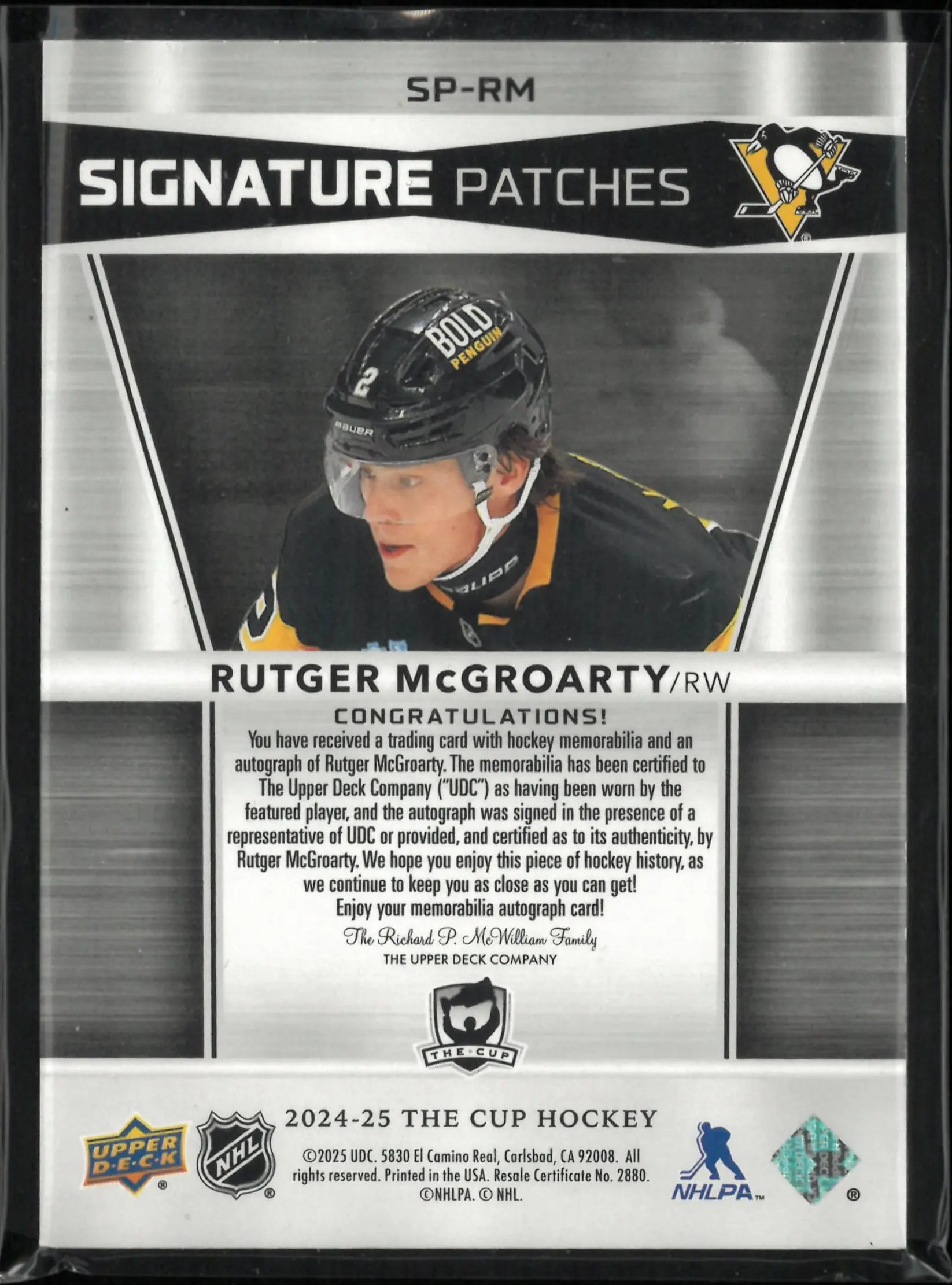 2024-25 Upper Deck The Cup Signature Patches Rutger McGroarty Autograph /99 