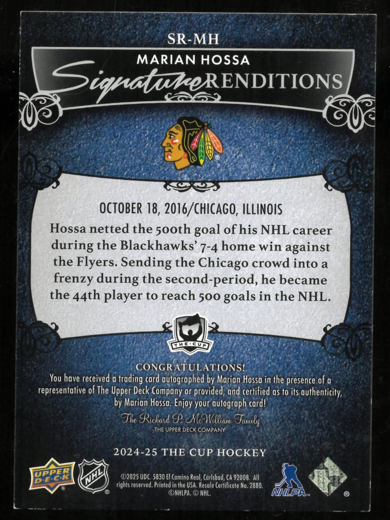 2024-25 Upper Deck The Cup Signature Renditions Auto Marian Hossa 