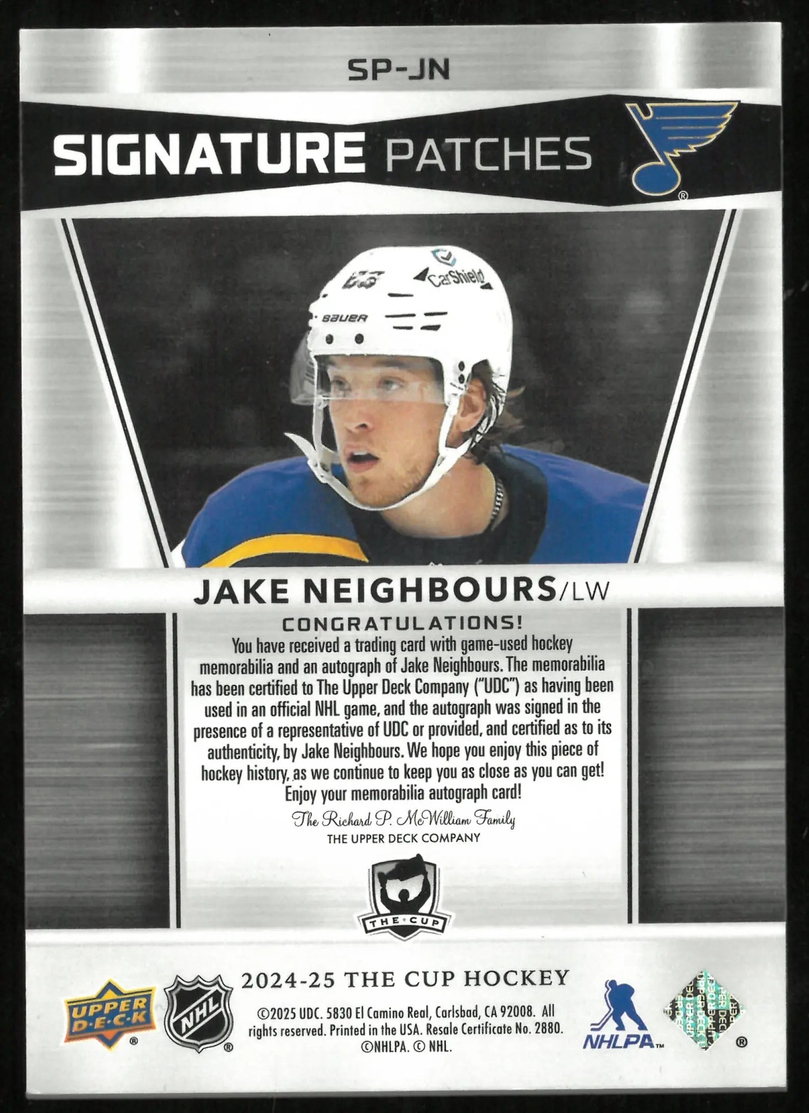 2024-25 Upper Deck The Cup Signatures Patches Auto Jake Neighbours /99 