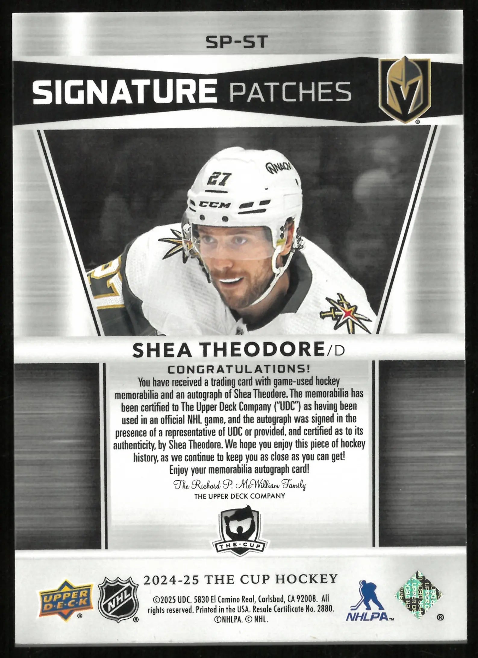 2024-25 Upper Deck The Cup Signatures Patches Auto Shea Theodore /99 