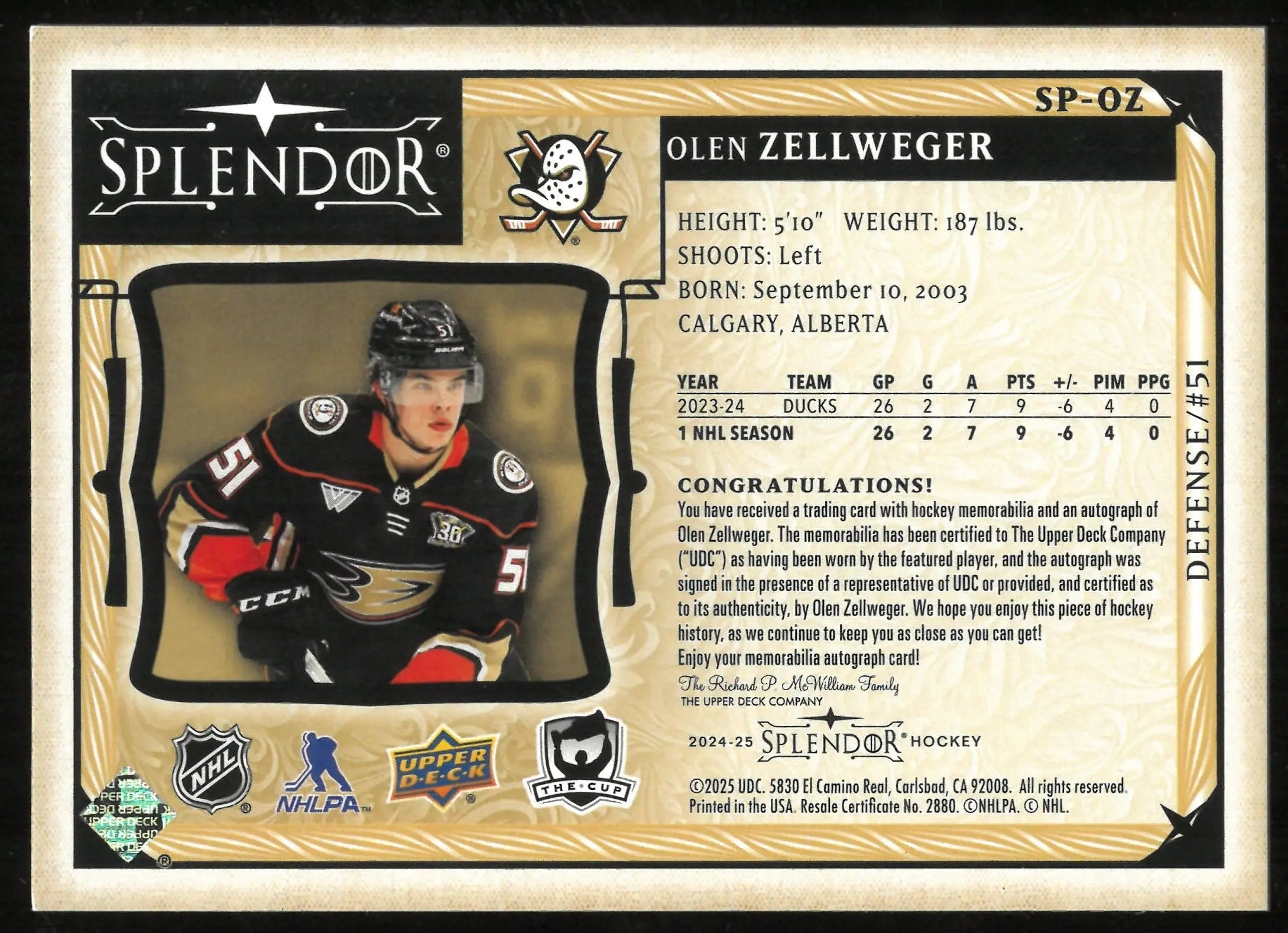 2024-25 Upper Deck The Cup Splendor Patch Auto Olen Zellweger /36 