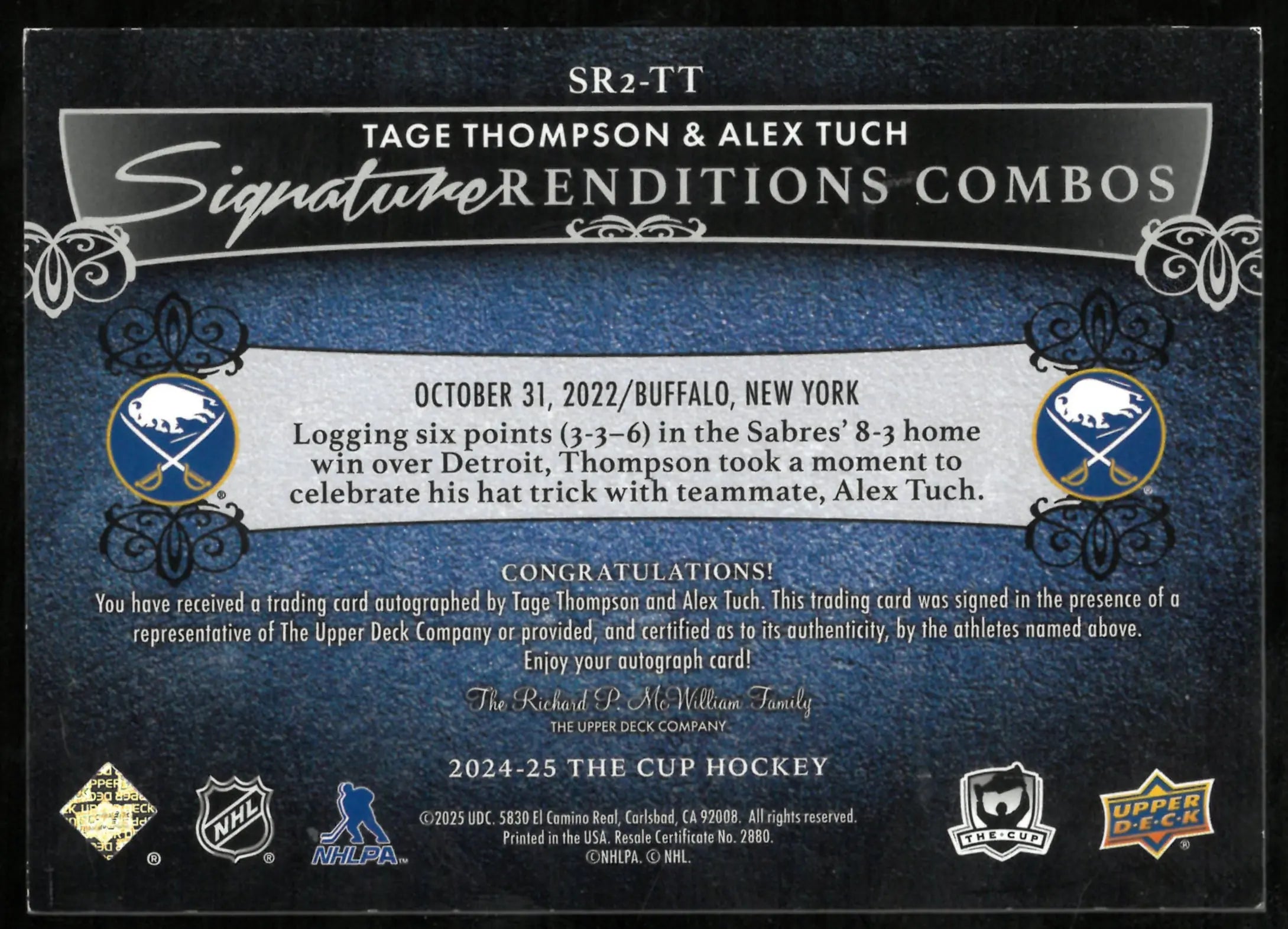 2024-25 Upper Deck The Cup Thompson Tuch Signature Auto Renditions 