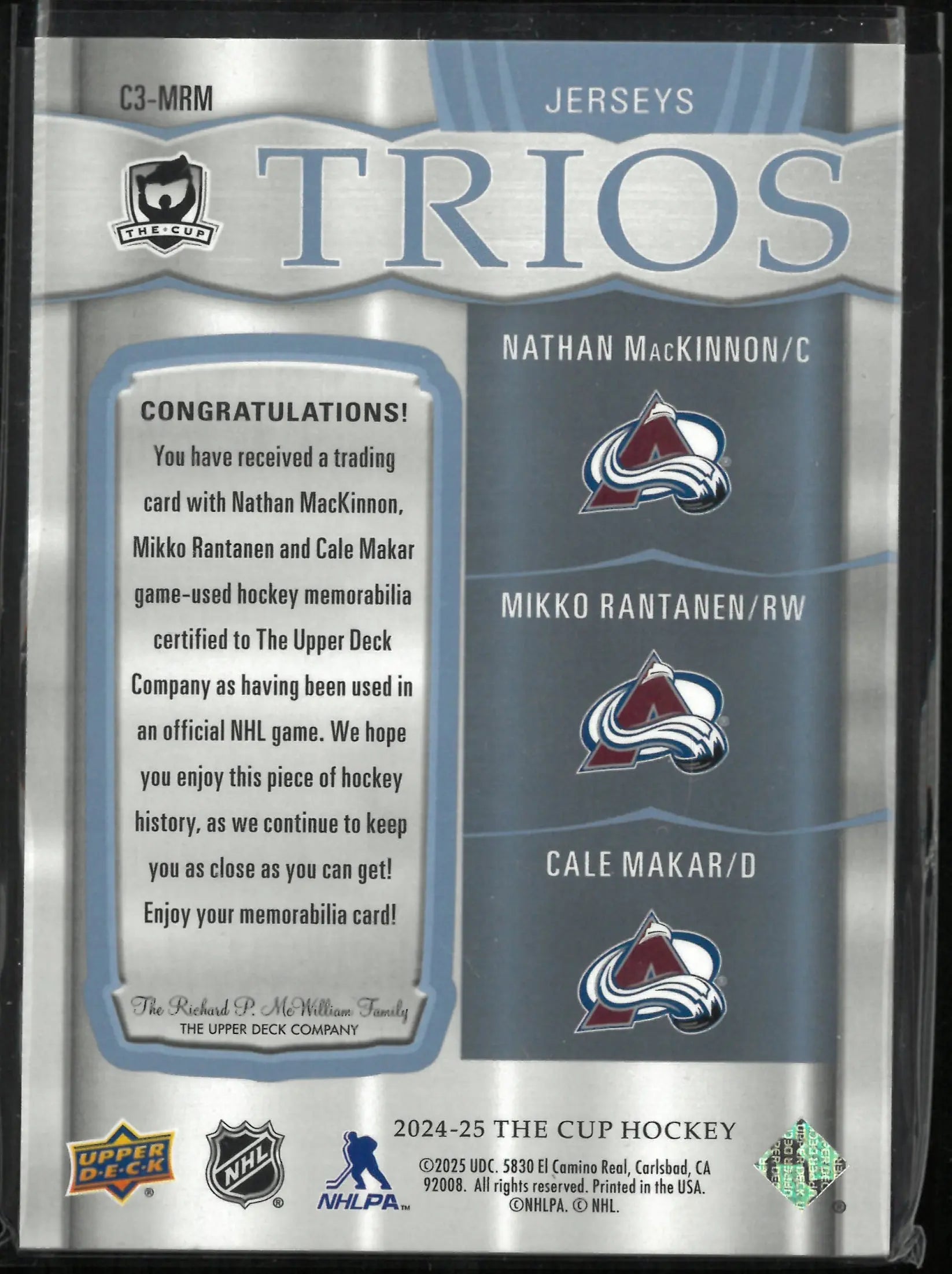 2024-25 Upper Deck The Cup Trios Patch Nathan MacKinnon/Mikko Rantanen/Cale Makar /49 