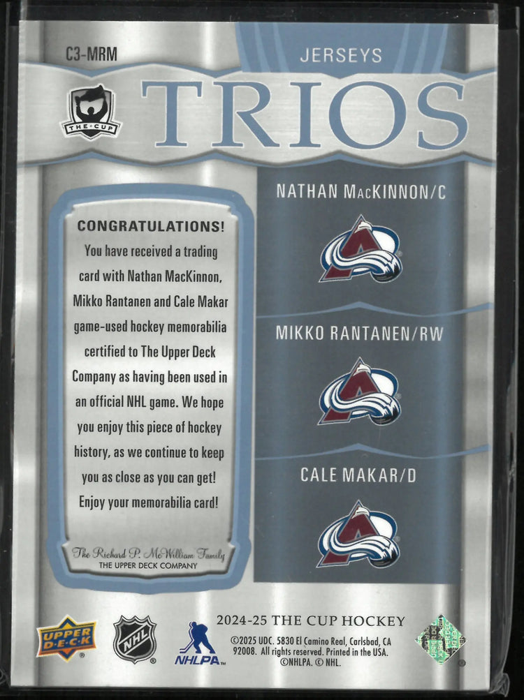 2024-25 Upper Deck The Cup Trios Patch Nathan MacKinnon/Mikko Rantanen/Cale Makar /49 