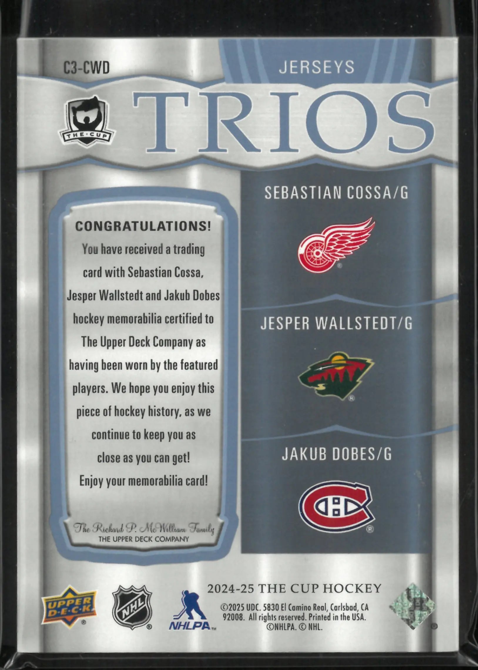 2024-25 Upper Deck The Cup Trios Patch Sebastian Cossa/Jesper Wallstedt/Jakub Dobes /49 
