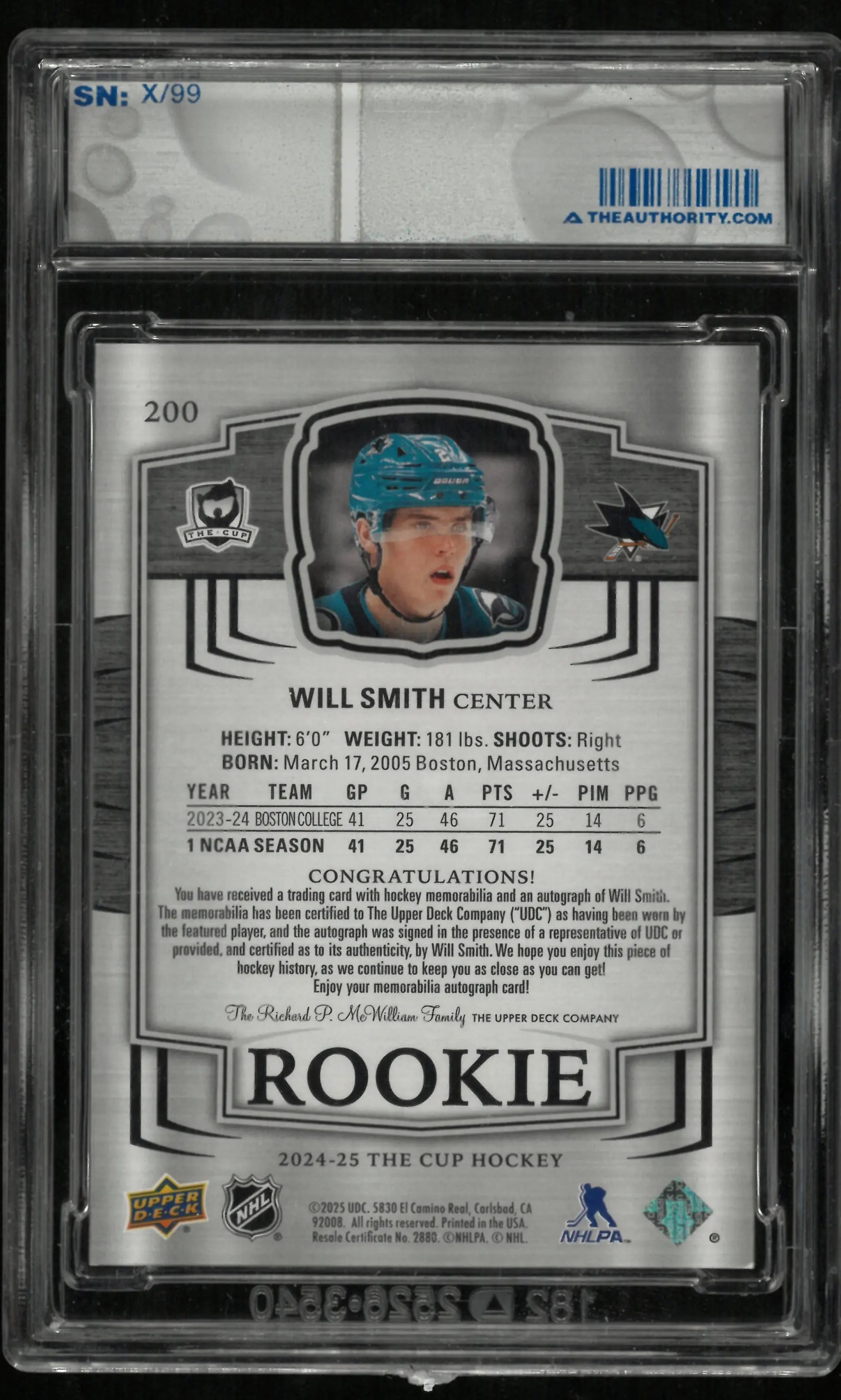 2024-25 Upper Deck The Cup Will Smith RC Rookie 3 Color Patch Auto /99 