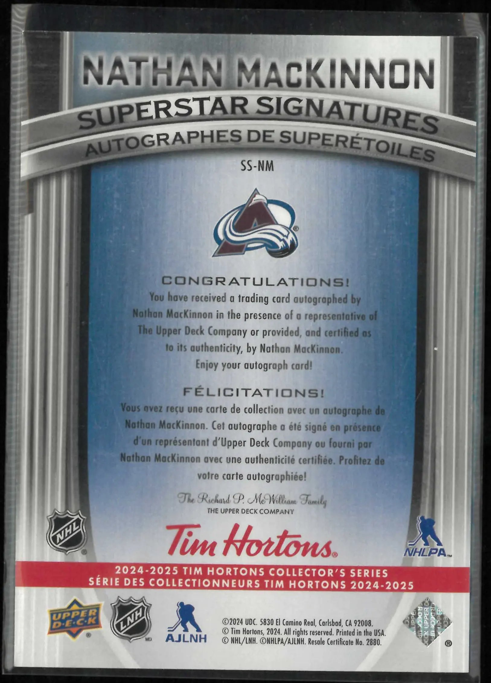 2024-25 Upper Deck Tim Hortons Superstar Autograph Nathan MacKinnon Auto /100 