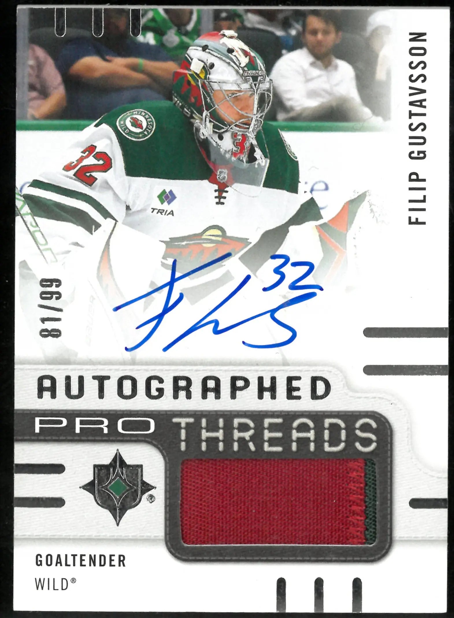 2024-25 Upper Deck Ultimate Collection Autographed Pro Threads Patch Auto Filip Gustavsson /99 