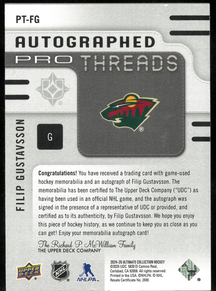 2024-25 Upper Deck Ultimate Collection Autographed Pro Threads Patch Auto Filip Gustavsson /99 